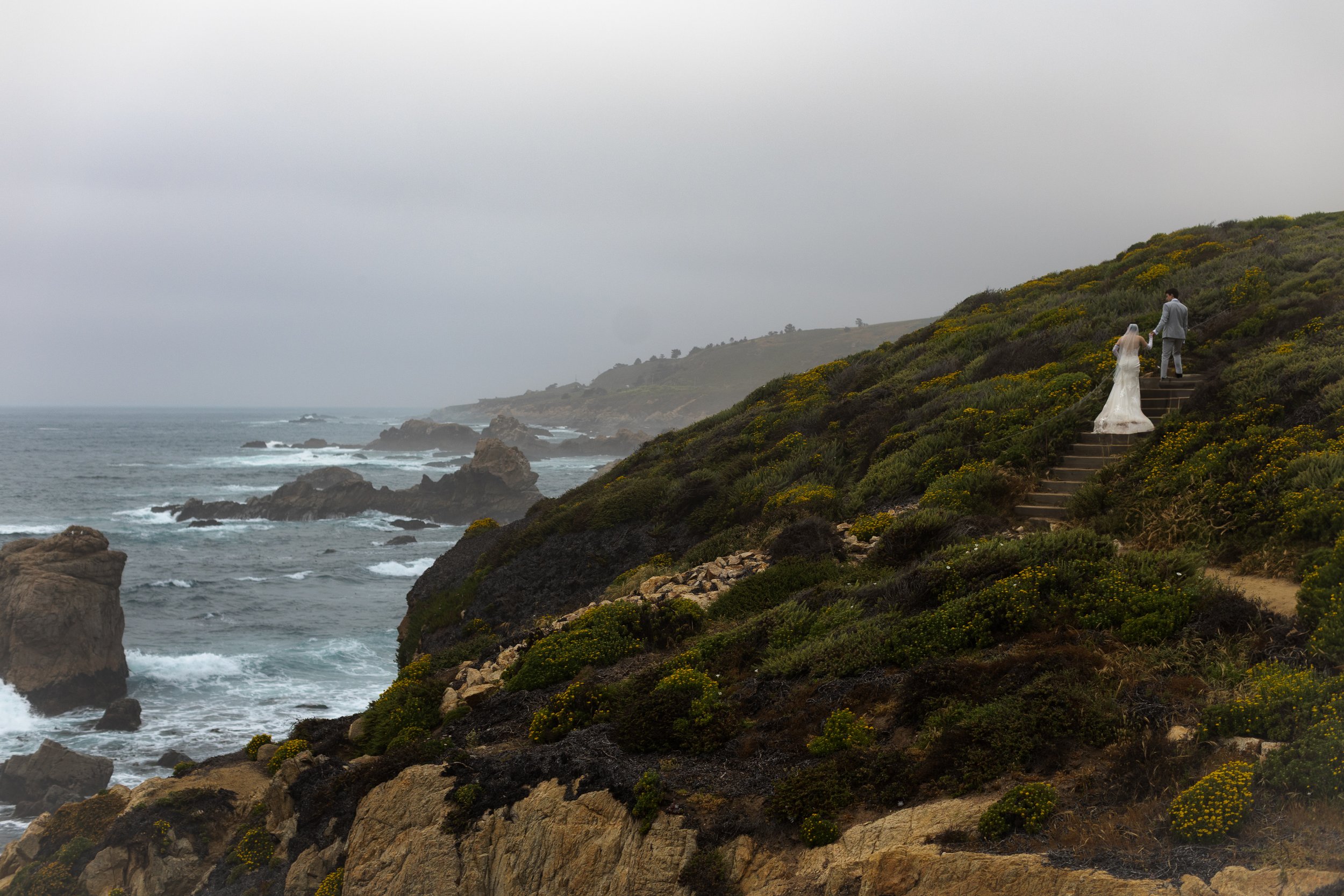 A bride and groom walk up a set of stairs on a grassy hillside overlooking the ocean, surrounded by yellow and green shrubbery, with gray overcast sky.