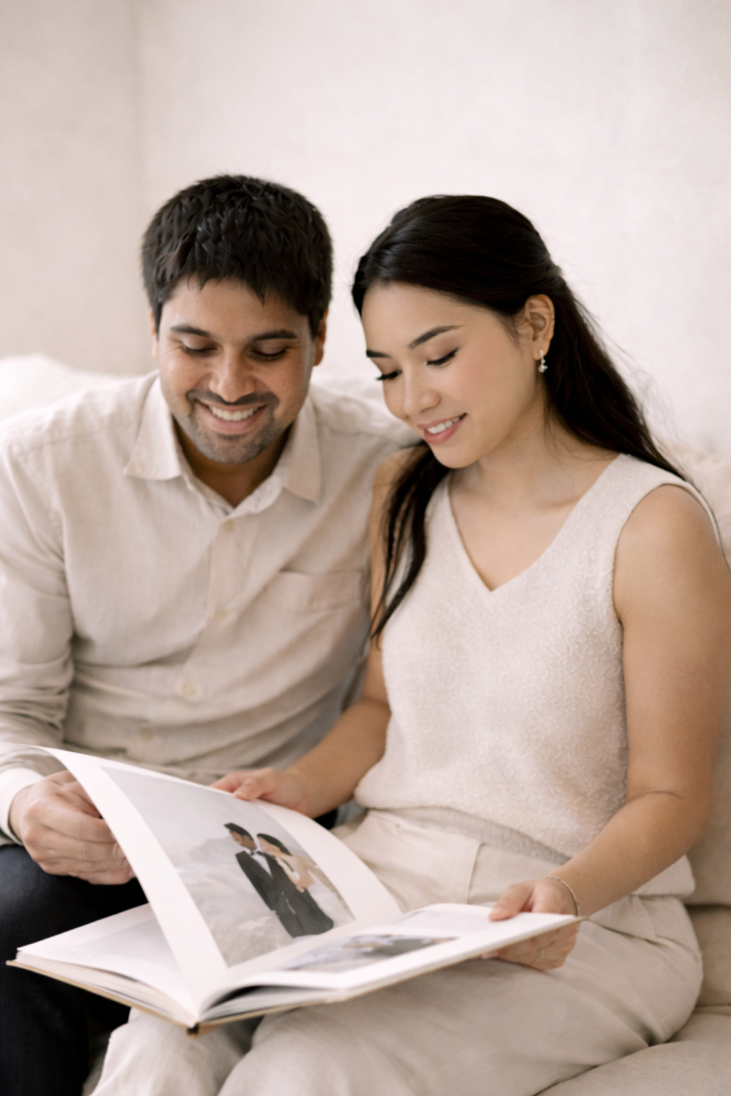 Married couple hanging a large framed wedding portrait from their coastal beach elopement on a warm neutral wall.