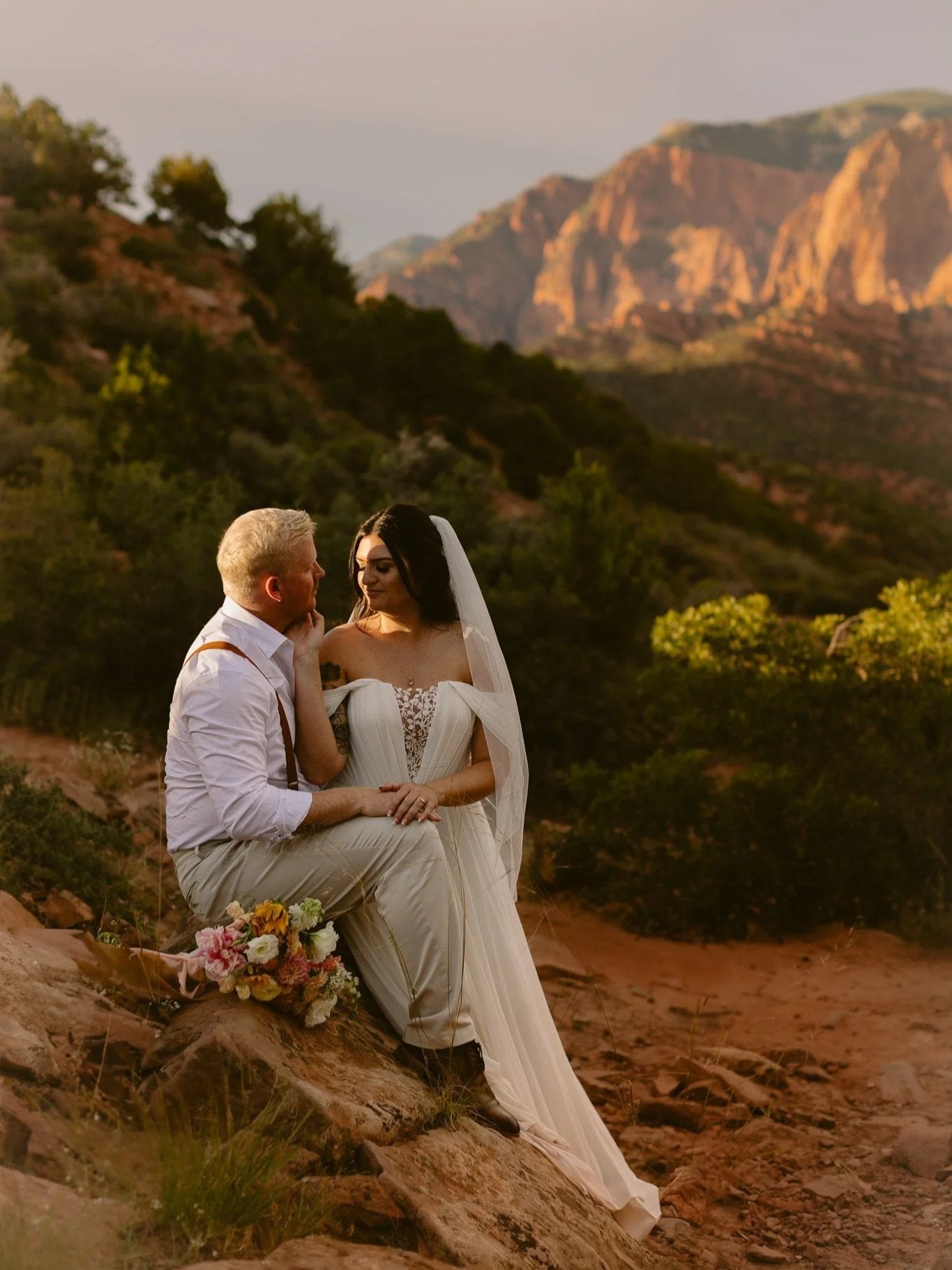 Couple at Timbercreek Overlook near Zion at golden hour — Utah elopement photography by Jenna Roden