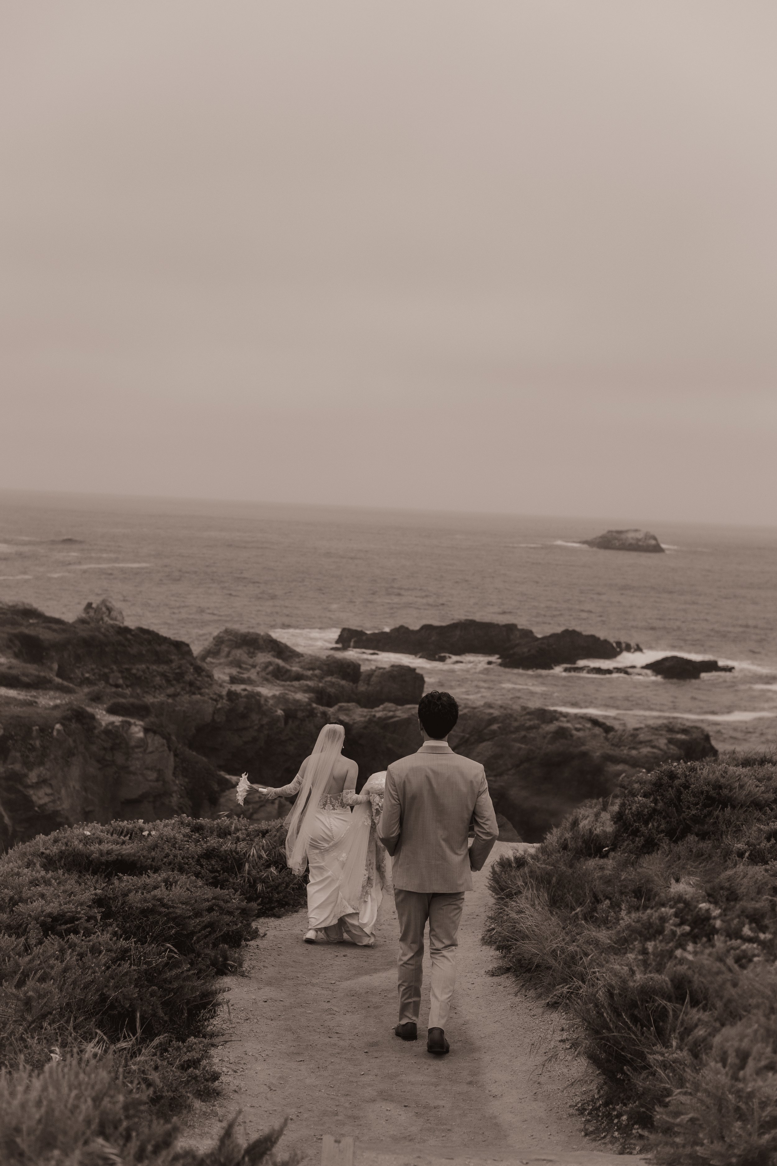 A man in a suit walking towards the ocean on a rocky coastline with a woman in a wedding dress holding his hand, seen from behind.