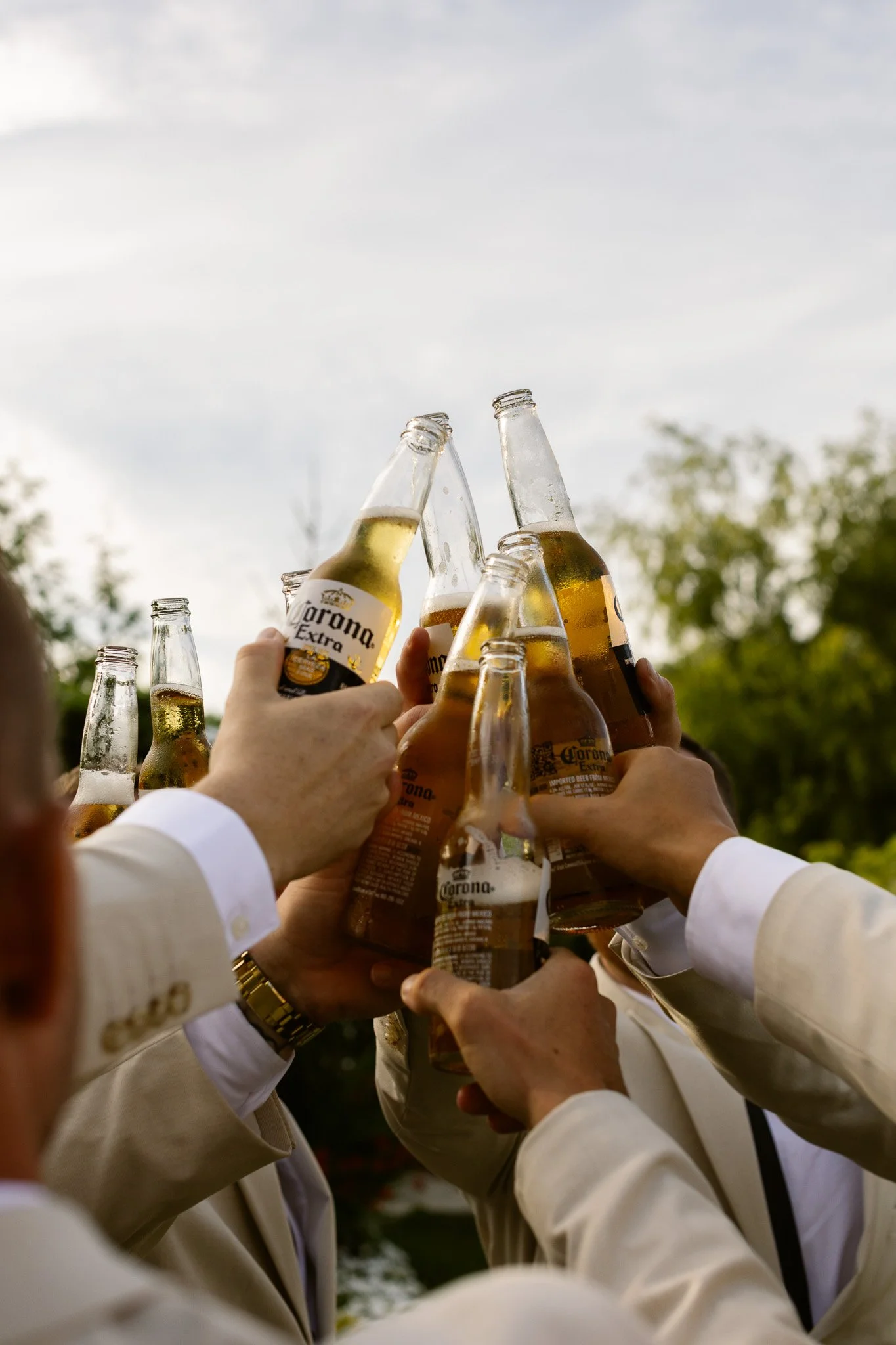 A group of people raising beer bottles in a toast outdoors, with visible sky and trees in the background.