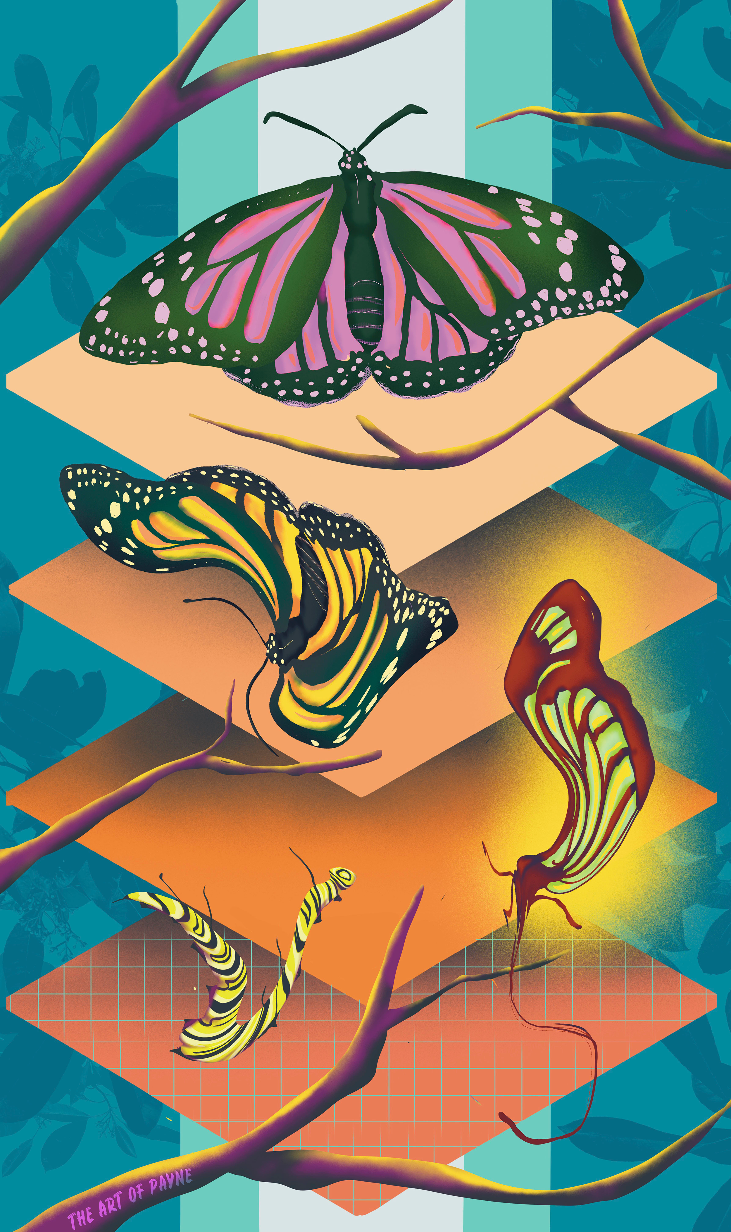 Trippy butterfly illustration metamorphosis and geometric art