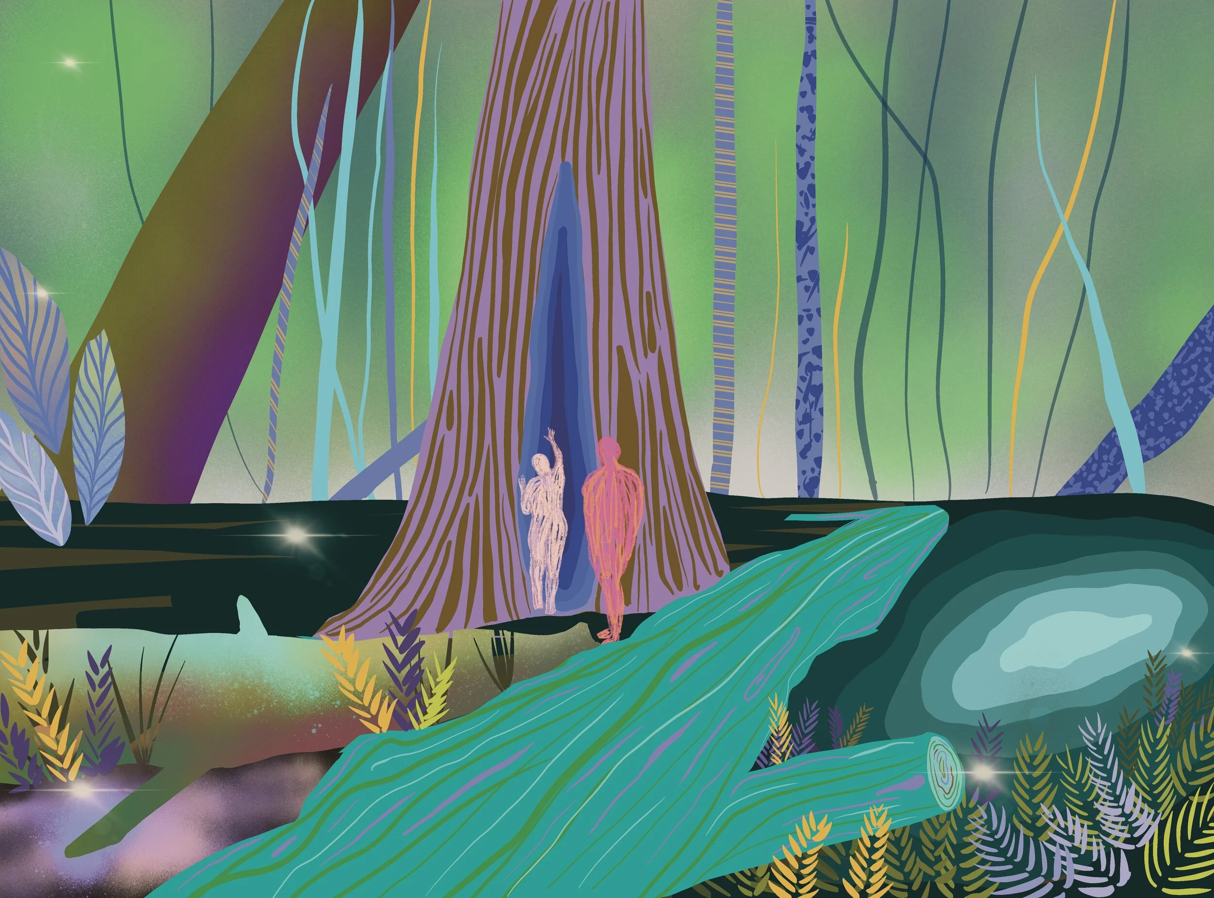 psychedelic forest illustration with trees and plants