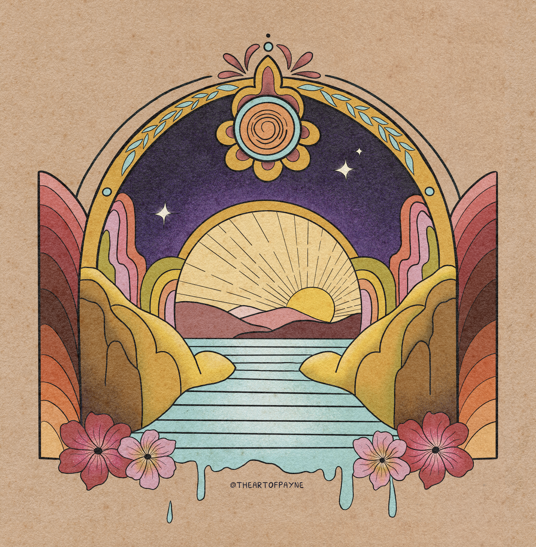 Psychedelic portal art with water sun and striped mountains