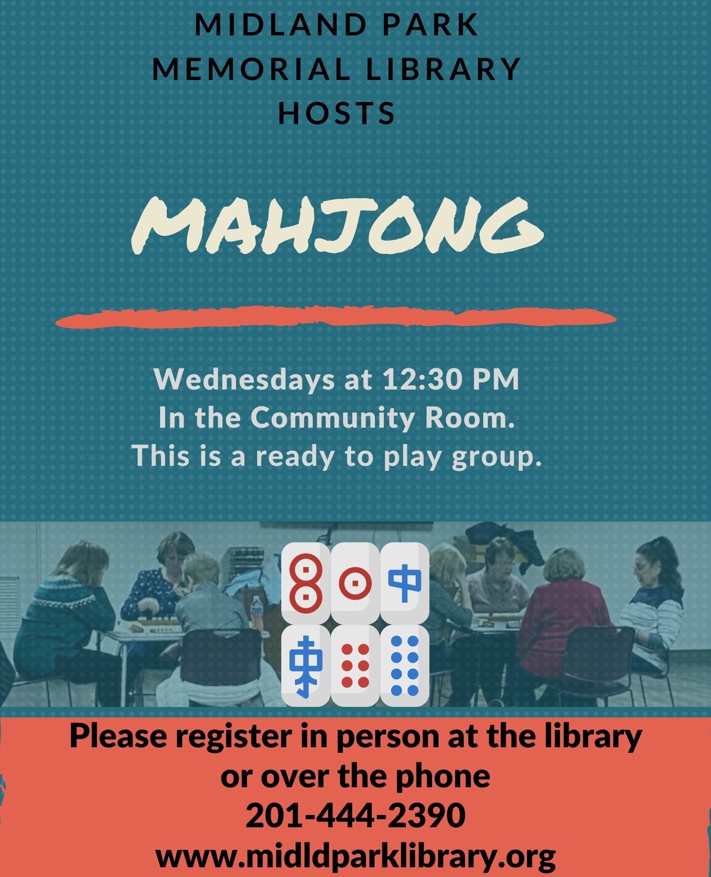 Join us on Wednesdays at 12:30 PM for Mahjong in the Community Room.⁠
Stop by the Circulation desk or call 201-444-2390 to register.
