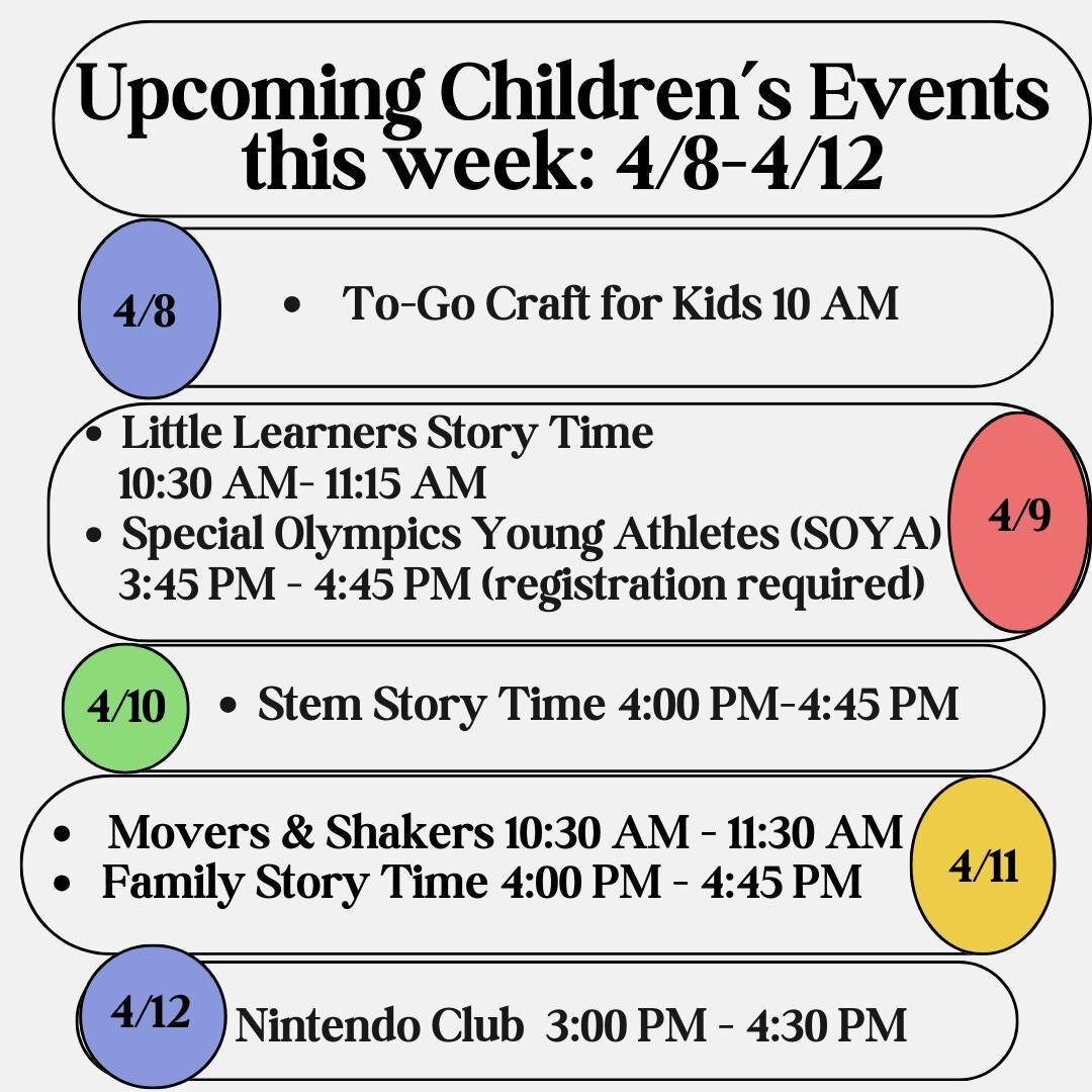 Celebrate National Library Week by visiting the library!⁠
Monday - To-Go Craft⁠
Tuesday - Little Learners Story Time &amp; SOYA (registration required)⁠
Wednesday-Stem Story Time⁠
Thursday-Movers &amp; Shakers &amp; Family Story Time⁠
Friday-Nintendo