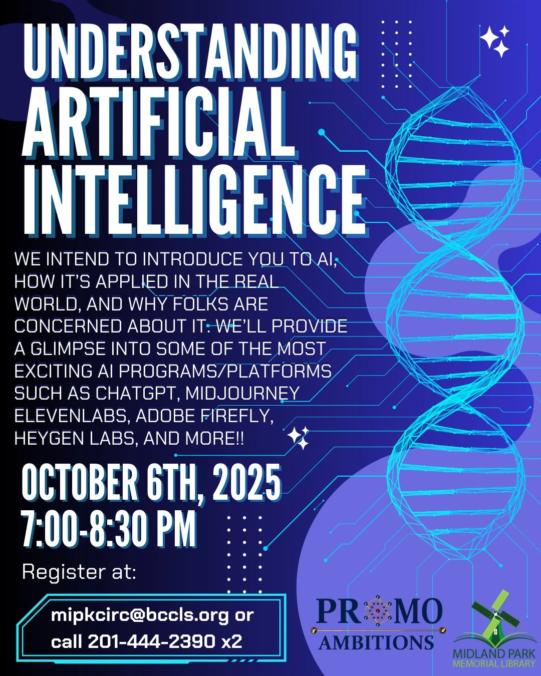 Next week we will be collaborating with Promo Ambitions to give you all a presentation on Understanding AI!! We'll be talking about programs like ChatGPT, Midjourney, and more!⁠ We will be hosting this event in the community room!⁠
⁠
#ai #intro #intr
