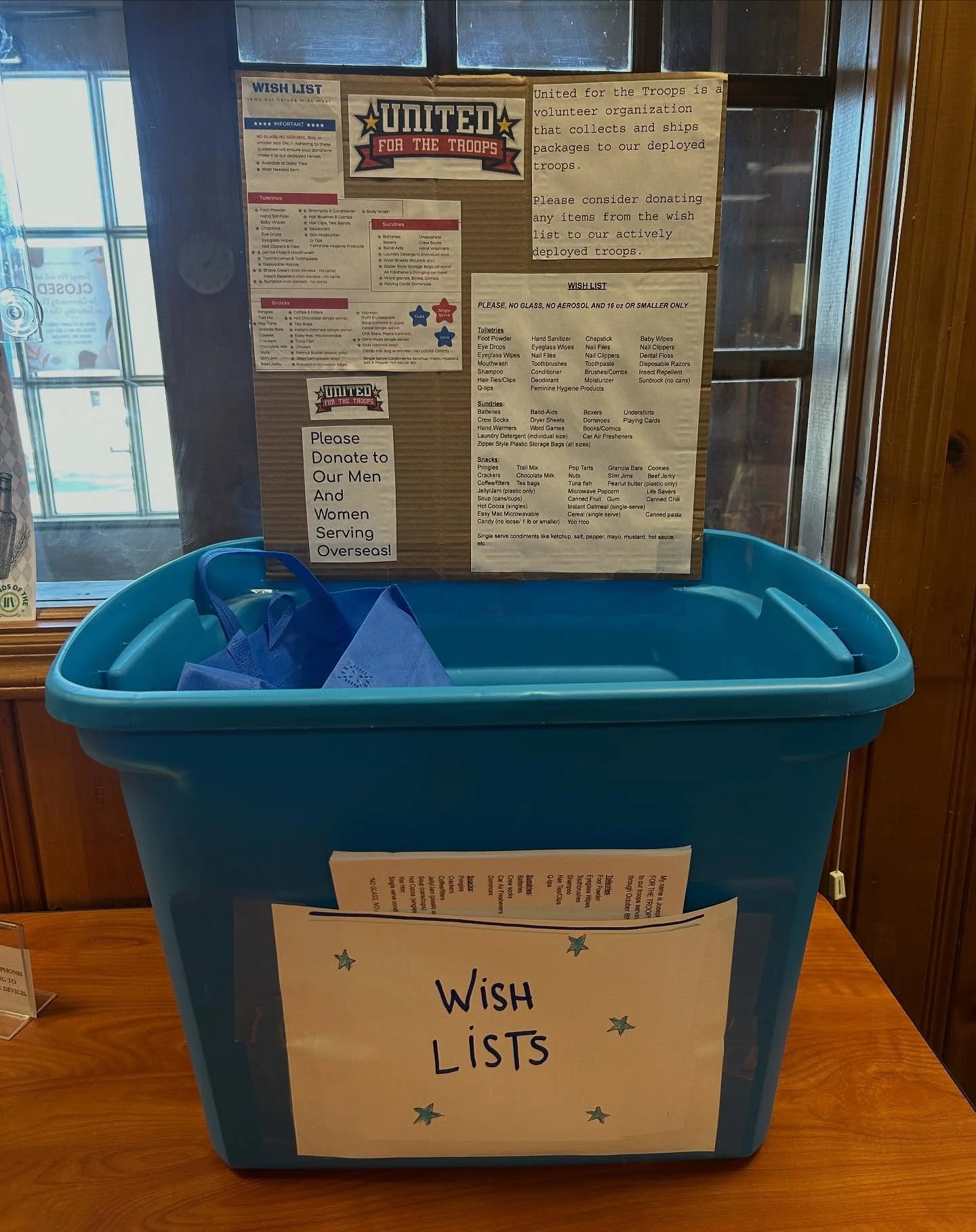 Donated items for United for the Troops will be collected through Wednesday, October 15th at 2 PM.
