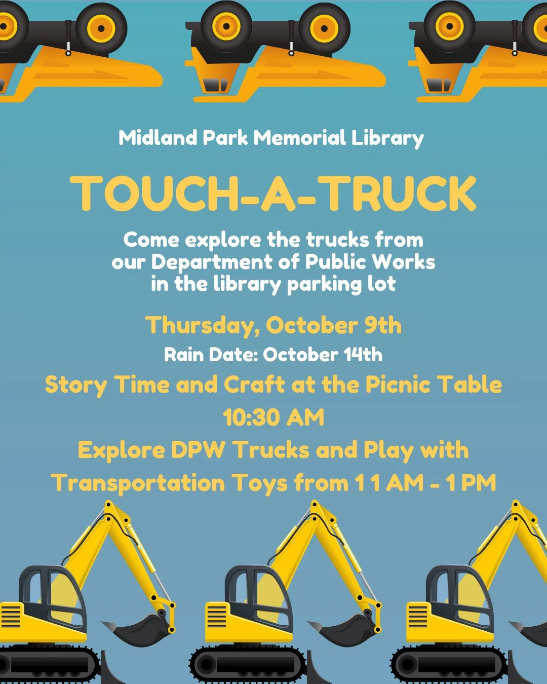 Join us tomorrow for outdoor storytime with DPW trucks!!!⁠
⁠
#touch #touchatruck #dpw #publicworks #department #storytime #children #childrensevent #childrenprogram #childrensprogram #midland #midlandpark #library #libraryprogram #libraryevent #midla