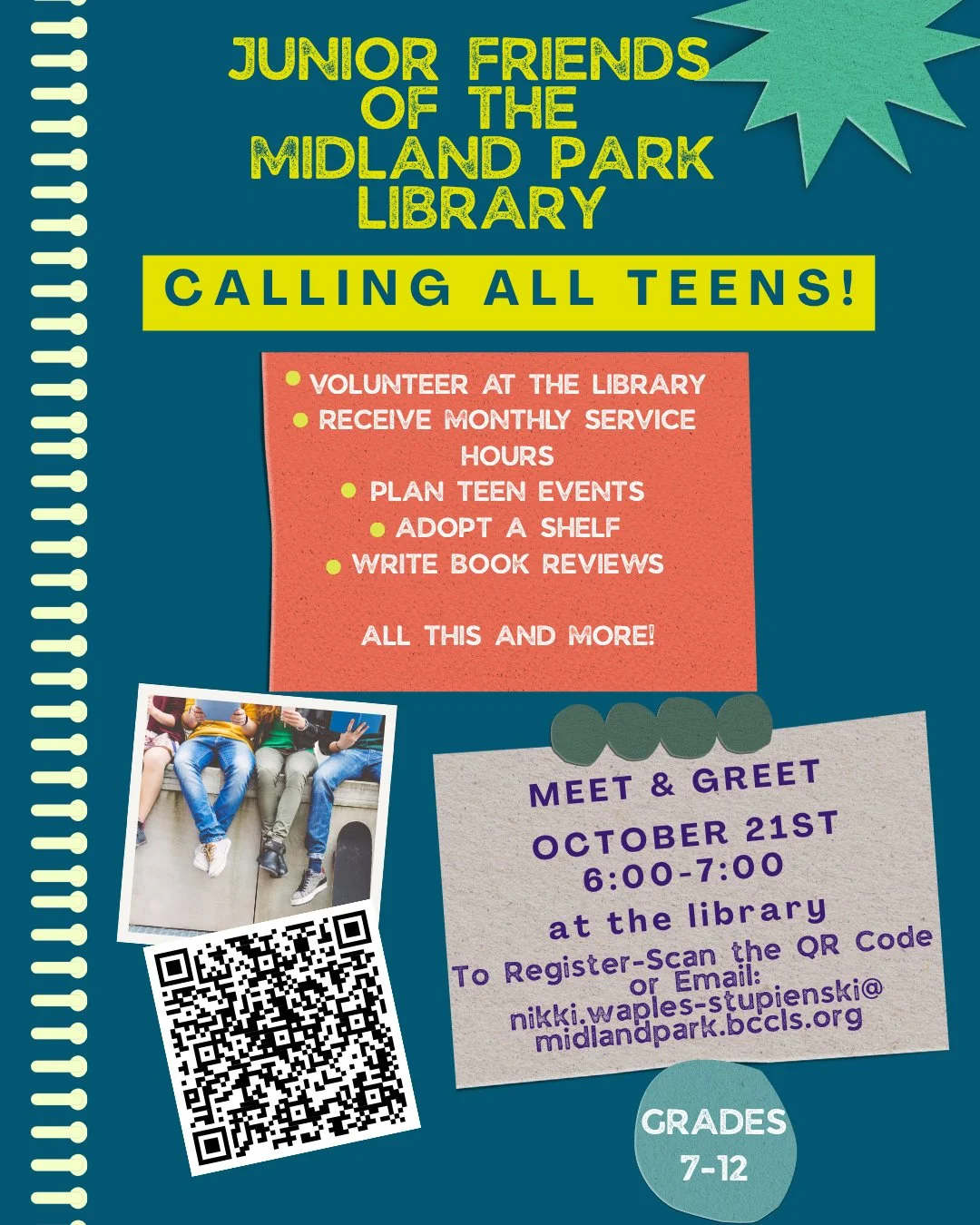 Do you want to get involved in your community? Join the Junior Friends of Midland Park!! Our Meet and Greet is on October 21st. This is a great opportunity to earn volunteer hours and have a say in what teen events we host at the library~ We hope to 