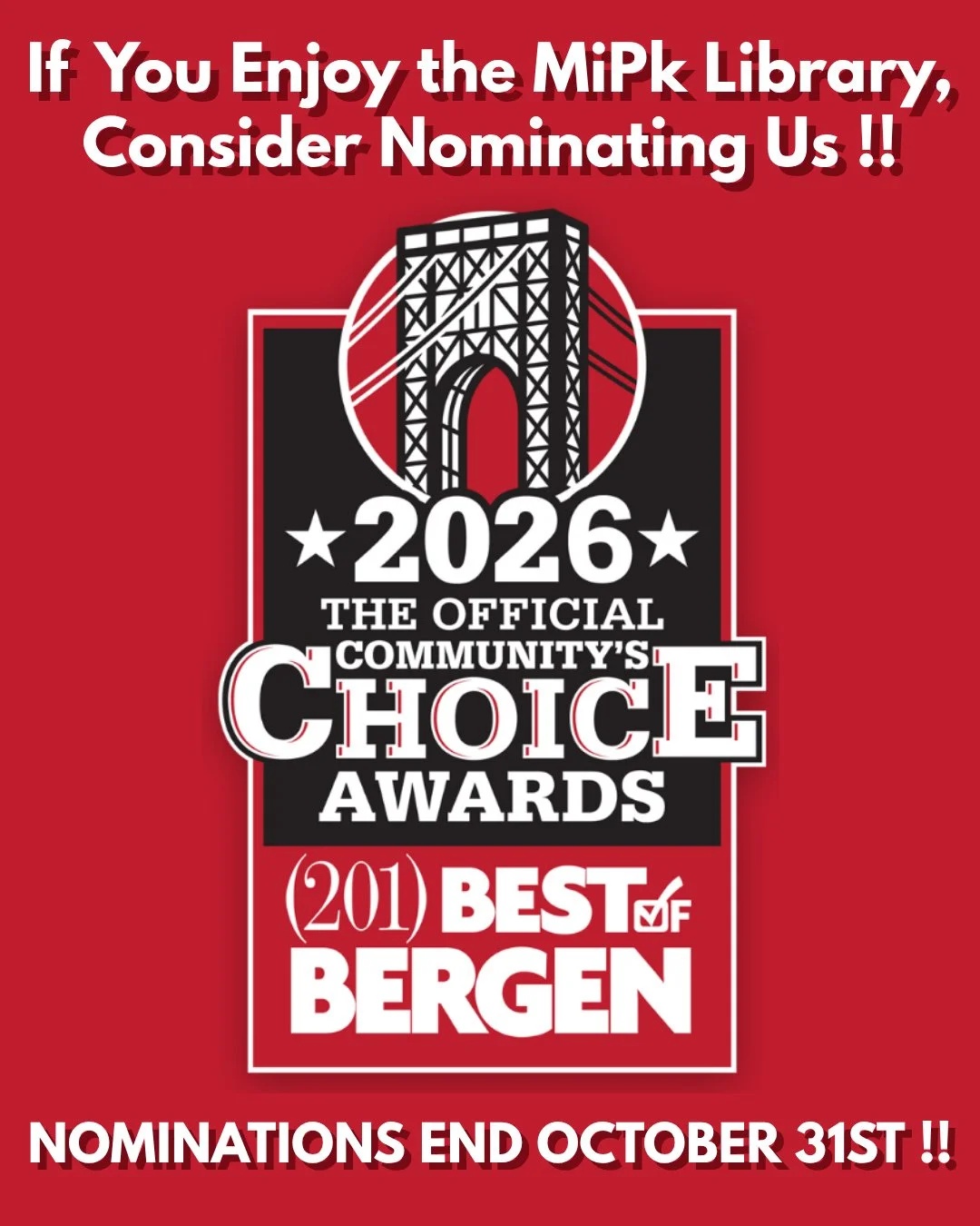 🌟 PLEASE NOMINATE US! 🌟⁠
We&rsquo;d love your support in the 2026 Best of Bergen Community Choice Awards! 💛⁠
⁠
Click the link in our bio⁠
Scroll down and tap PLACES TO GO &amp; THINGS TO DO⁠
⁠
Nominate the Midland Park Memorial Library in the Best