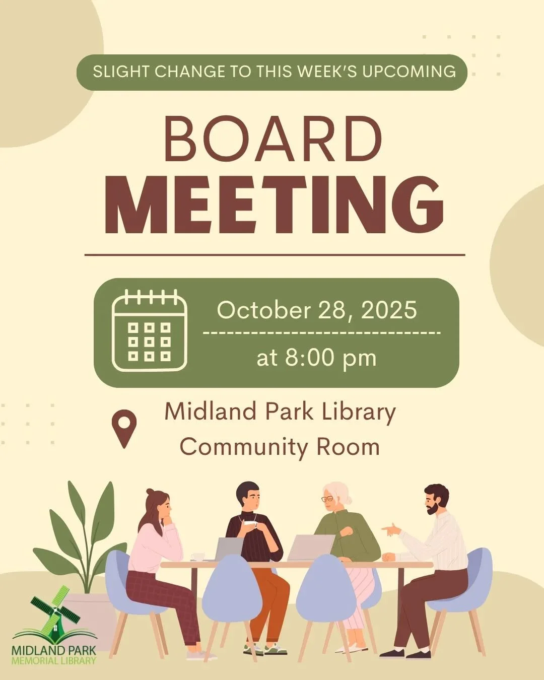 Just a slight change to our upcoming board meeting, we will be meeting at 8:00 pm instead of the usual 7:30 pm!! We hope to see you there~~
#board #boardmeeting #open #opentopublic #everyone #everyonewelcome #midlandpark #midlandparklibrary #mipk