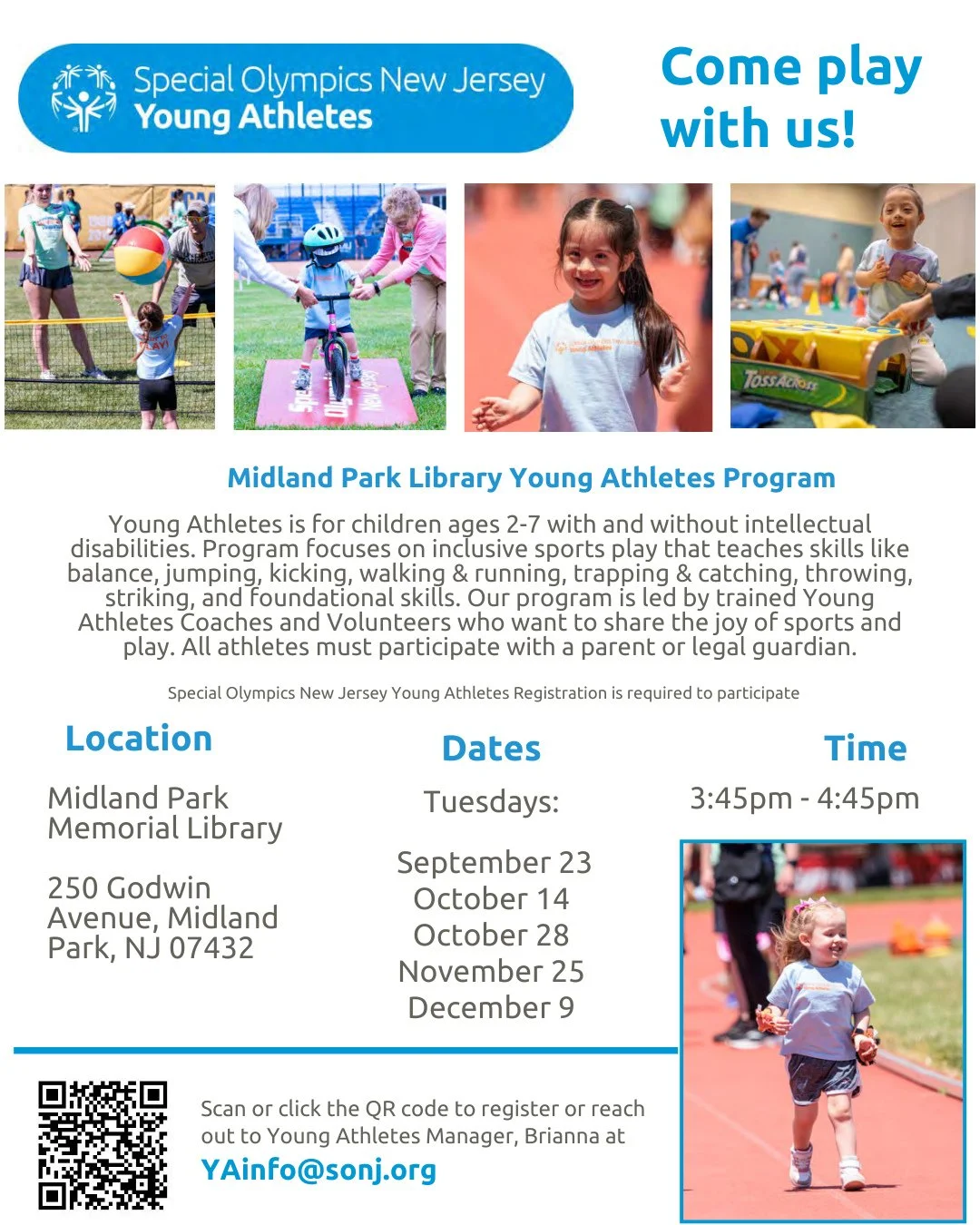 Tomorrow at 3:45 PM we will hosting out Special Olympics Young Athletes Program. This is a program where you need to register so please do that if you're interested in attending~
#specialolympics #young #youngathletes #athleticprogram #midlandpark