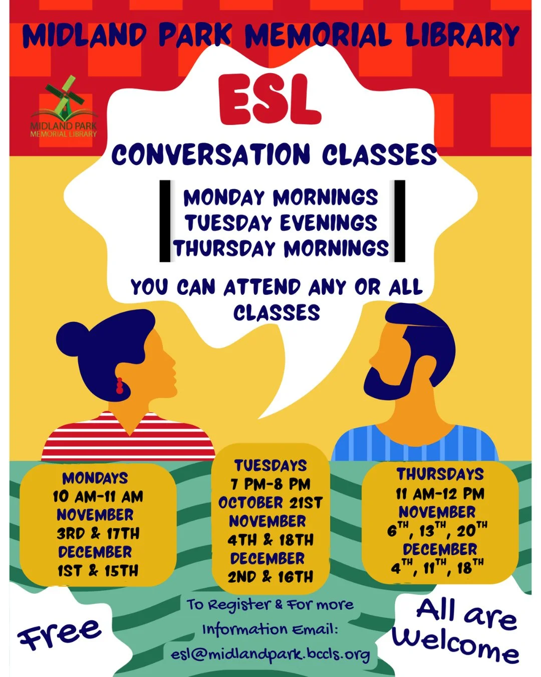 We have a bunch of new ESL conversation classes opening up !! Our next class is on November 4th. To register, please email esl@midlandpark.bccls.org. We hope to see you there~!⁠
⁠
#esl #eslclass #classes #conversation #eslconversation #conversationcl