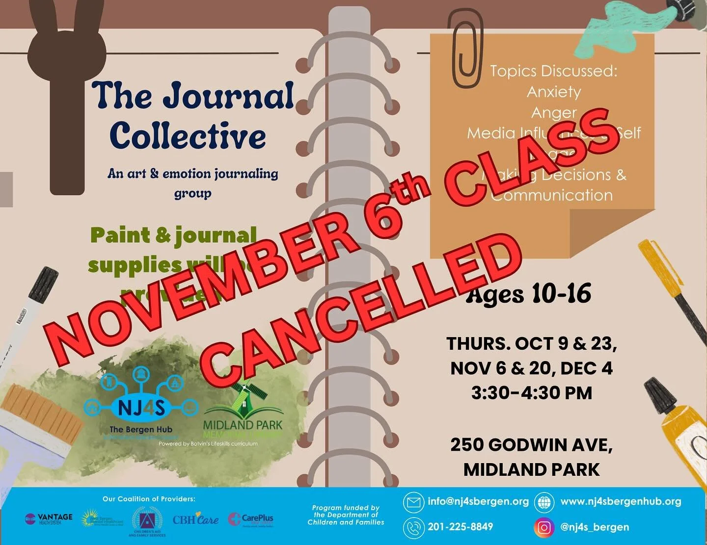 Tomorrow&rsquo;s Journal class is cancelled due to illness. It will meet next on Thursday, November 20th.