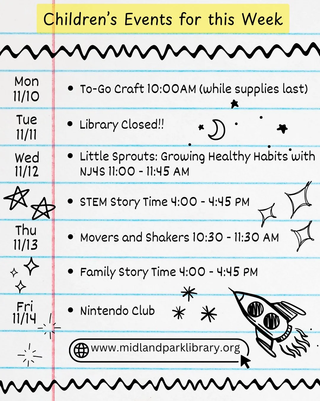 Our Children's Events for this week (11/10-11/14):⁠
Monday - To-Go Craft⁠
Tuesday - The Library Will Be Closed !!⁠
Wednesday - Little Sprouts Growing Healthy Habits &amp; STEM Story Time⁠
Thursday - Movers &amp; Shakers and Family Story Time⁠
Friday 