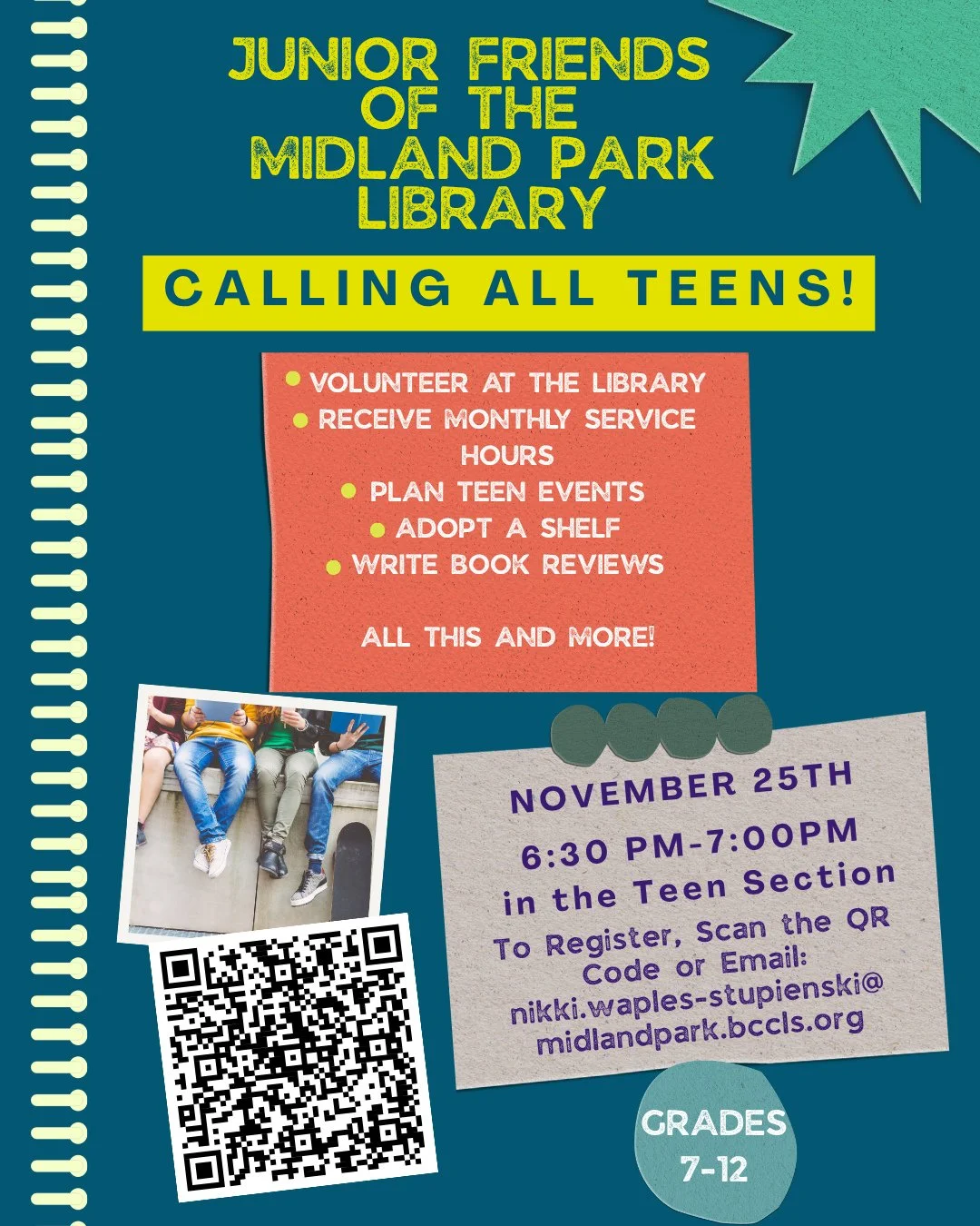 The Junior Friends of the library is having a meeting on November 25th at 6:30 PM in the teen section!! If you're interested, please scan the QR code or email Nikki to register~⁠
⁠
#teen #teenprogram #friends #libraryfriends #midlandpark #midlandpark