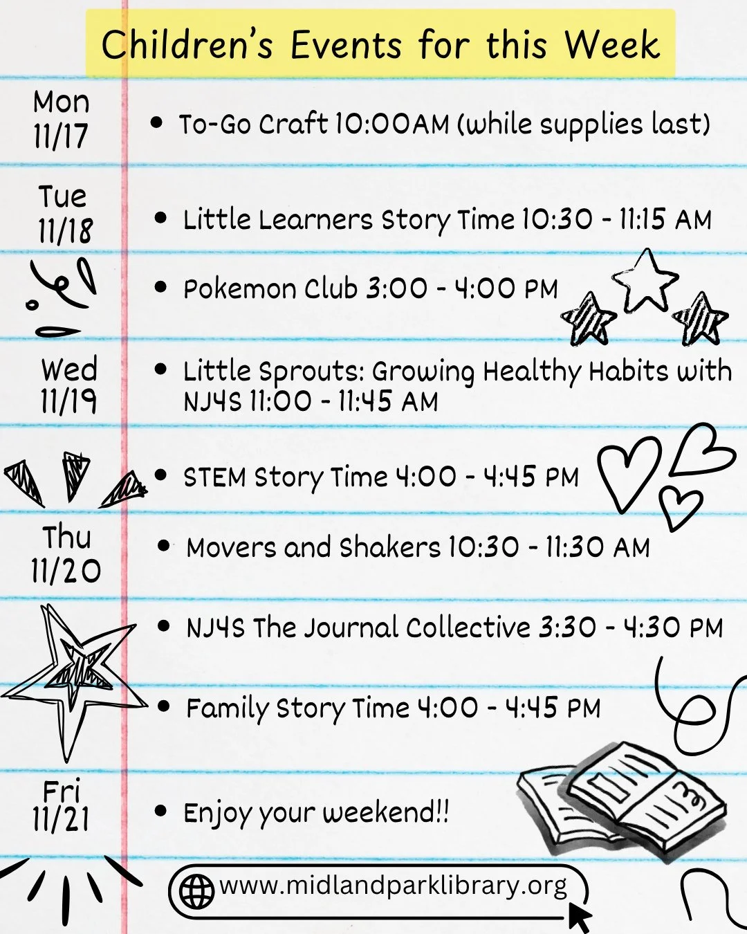 Our Children's Events for this week (11/17-11/21):⁠
Monday - To-Go Craft⁠
Tuesday - Little Learner's Story Time &amp; Pok&eacute;mon Club⁠
Wednesday - Little Sprouts: Growing Healthy Habits with NJ4S, &amp; STEM Story Time⁠
Thursday - Movers &amp; Sh