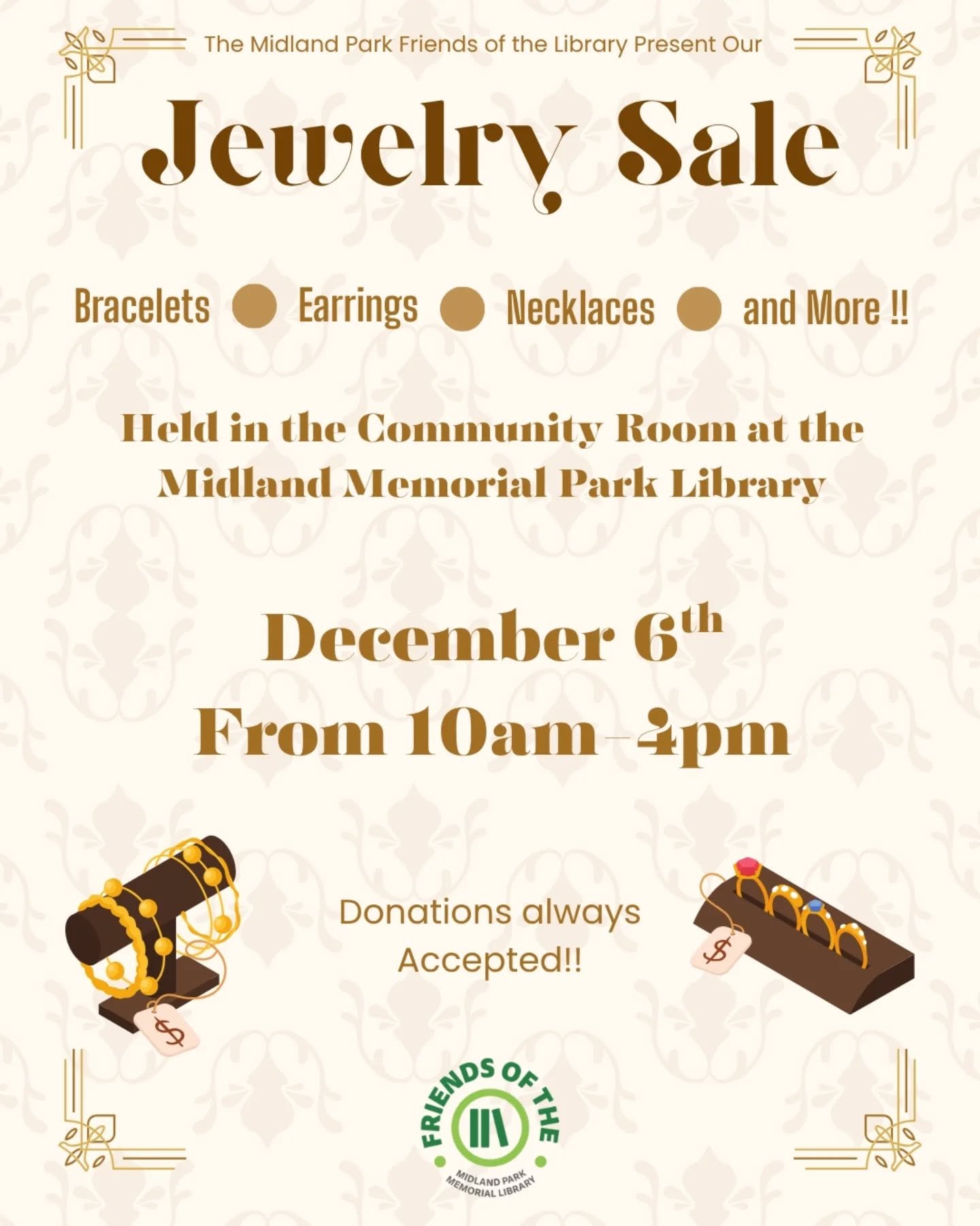 The Friends of the Midland Park Library will be hosting our Jewelry sale on December 6th, from 10-4pm in the library's community room!! We hope to see you there~~

#jewelry #sale #jewelrysale #fundraiser #local #midlandpark #NJ #bergencounty #library