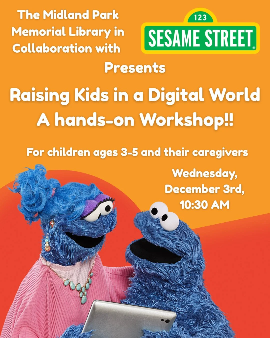 Hosted in our Community Room!! We can't wait to see you all here~~⁠
⁠
#sesame #sesamestreet #digital #digitalworld #raising #raisingkids #workshop #handson #handsonworkshop #youth #children #childrenprogram #midland #midlandpark #nj #newjersey #berge