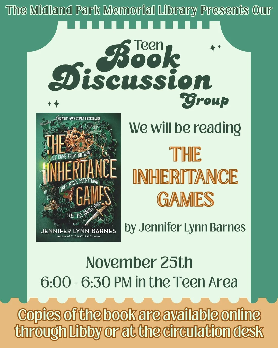 Tomorrow, we're discussing &quot;The Inheritance Games&quot; by Jennifer Lynn Barnes in the Teen Area at 6:00 pm, followed by a Junior Friends meeting at 6:30~ We hope to see you there!!⁠
⁠
#book #bookclub #bookdiscussion #teen #7to12 #highschool #hi