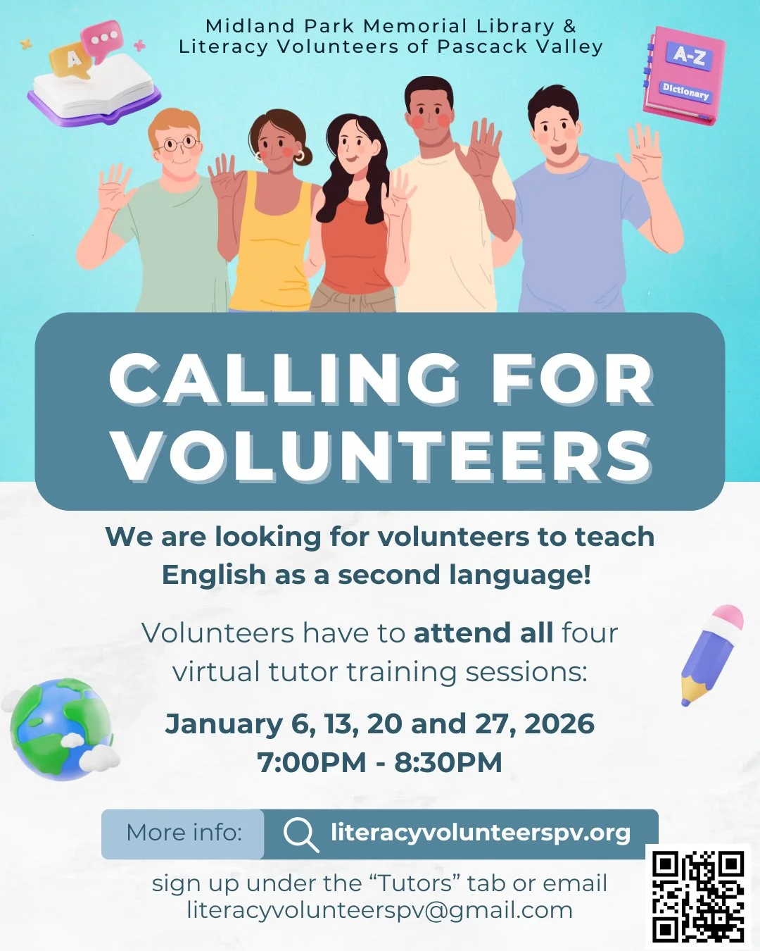 We're looking for volunteers to teach English as a second language!! We've partnered with the Literacy Volunteers of Pascack Valley and are hosting four virtual training sessions. To qualify, you must attend all sessions and must register in advance.