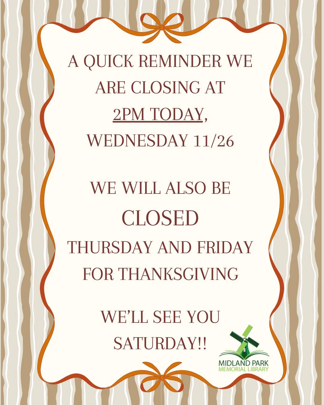 Just a quick reminder of our Thanksgiving Hours:⁠
⁠
We will be closing at 2 pm on Wednesday, 11/26⁠
We are closed Thursday, 11/27, and Frida,y 11/28⁠
We will reopen on Saturday at 10 am!! We hope to see you then~⁠
⁠
#thanksgiving #thanksgivinghours #