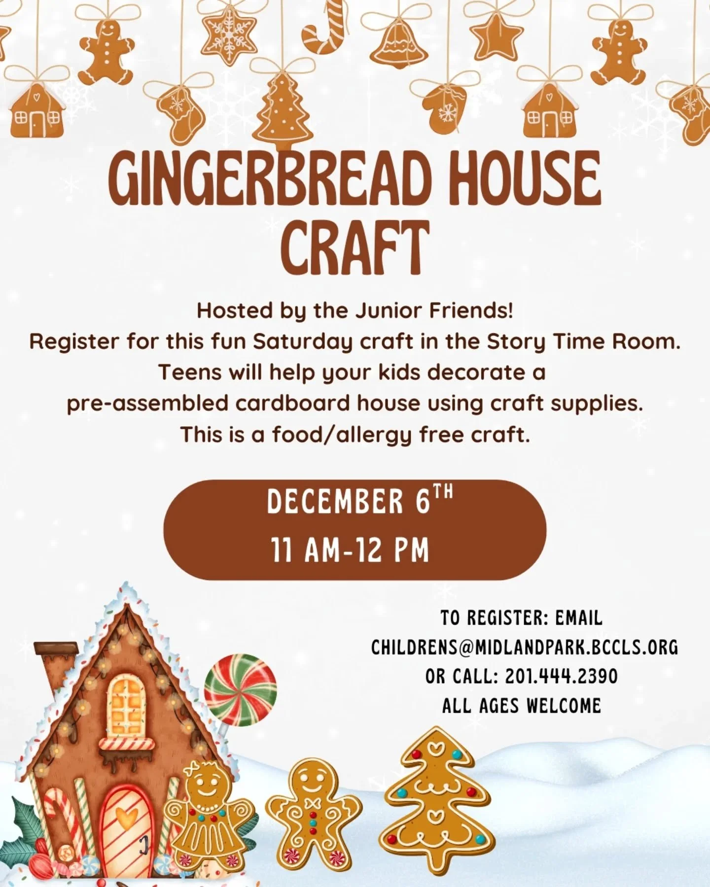 Join us THIS SATURDAY for a Gingerbread House Craft !!! You do need to register for this event so please call, email us, or dm this account to register your children~~

#ginger #gingerbread #gingerbreadhouse #craft #children #childrencraft #childrenc