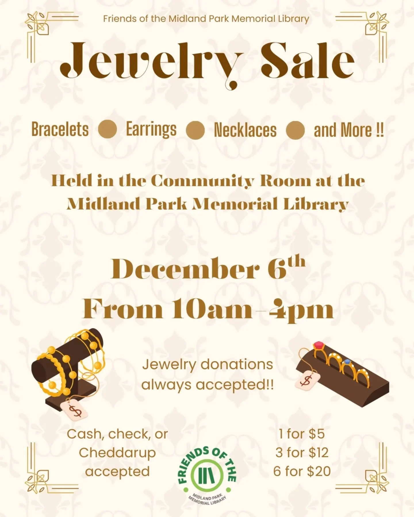 JOIN US TOMORROW !! The Friends of the Midland Park Library will be hosting our Jewelry sale from 10-4pm in the library's community room~ We hope to see you there !!

#jewelry #sale #jewelrysale #fundraiser #local #midlandpark #NJ #bergencounty #libr