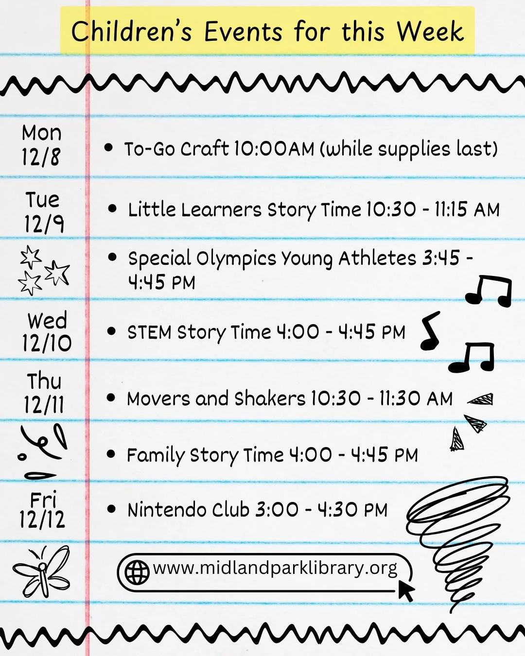 Our Children's Events for this week (12/8-12/12):⁠
Monday - To-Go Craft⁠
Tuesday - Little Learner's Story Time &amp; Special Olympics Young Athletes⁠
Wednesday - STEM Story Time⁠
Thursday - Movers &amp; Shakers &amp; Family Story Time⁠
Friday - Ninte