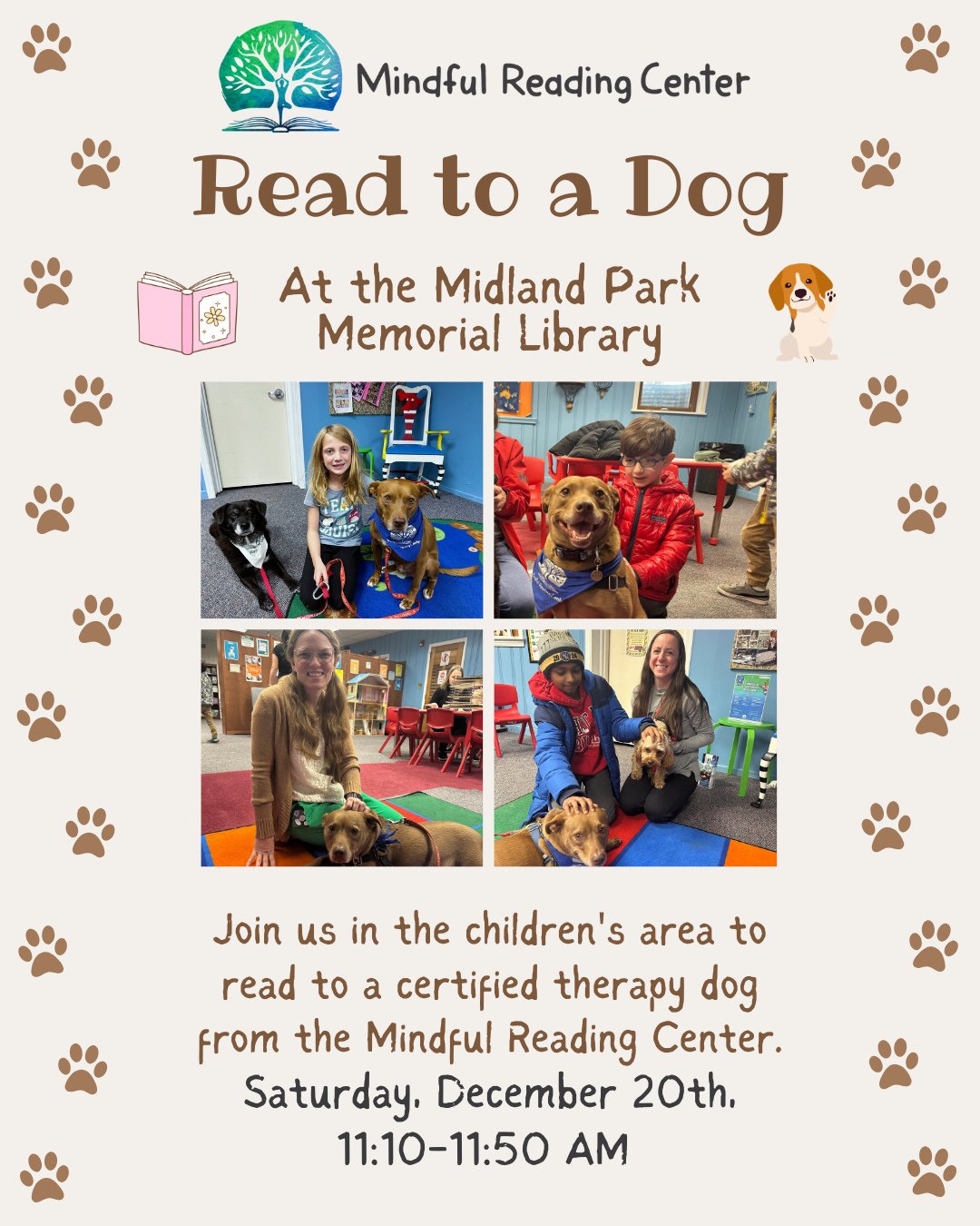 Calling all dog lovers! 🐶 🦴 Next week, Saturday, December 20th, the Midland Park Memorial Library will be hosting Read to a Dog with The Mindful Reading Center, who will bring their certified therapy dogs. Feel free to call the library if you have 