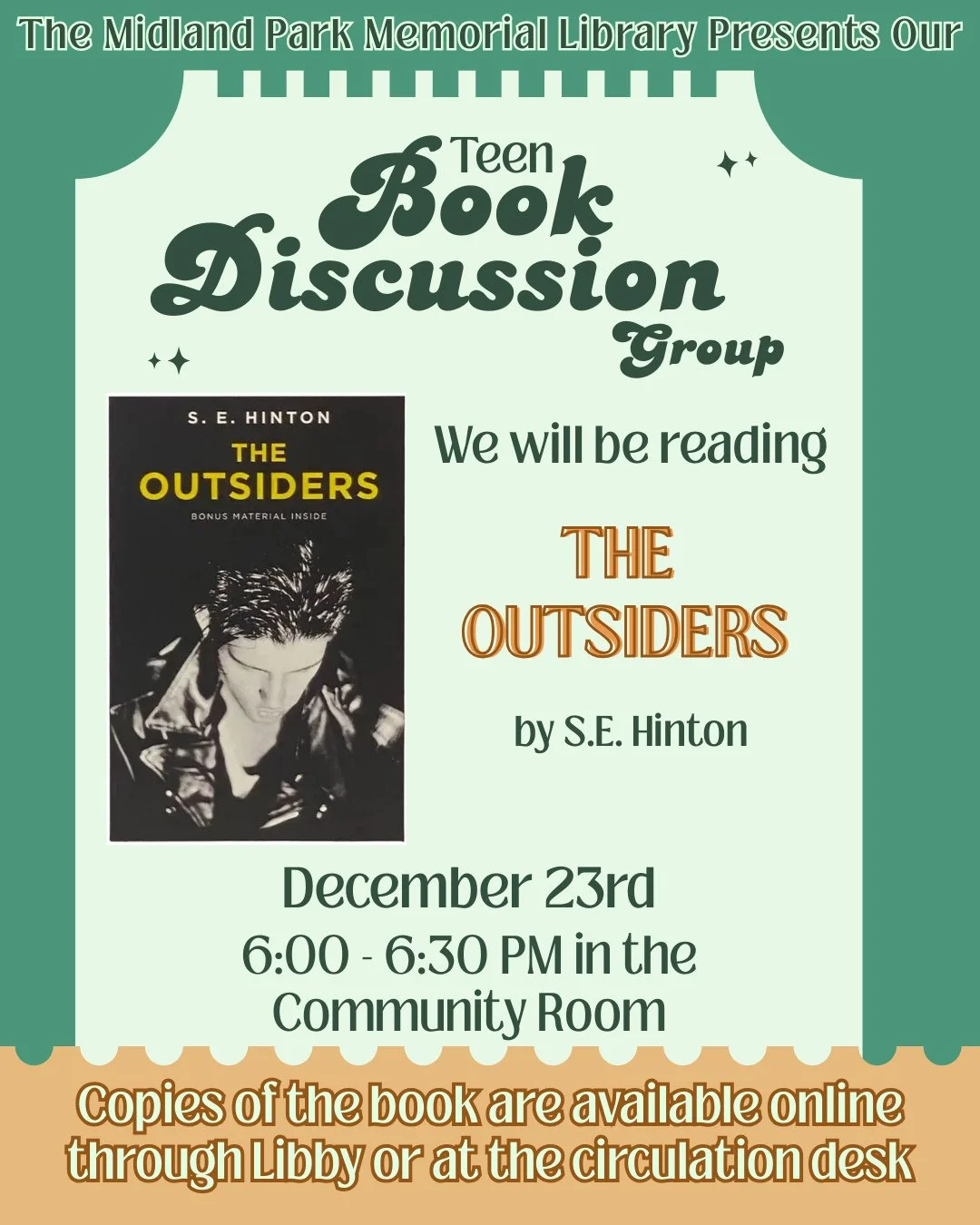 Are you a 7th-12th grader? Do you like to read? Do you want to make some new friends?⁠ Join our Teen Book Discussion Group!!⁠
⁠
This month's book is The Outsiders by S.E. Hinton~ We hope to see you on the 22nd~⁠
⁠
#book #bookclub #bookdiscussion #tee
