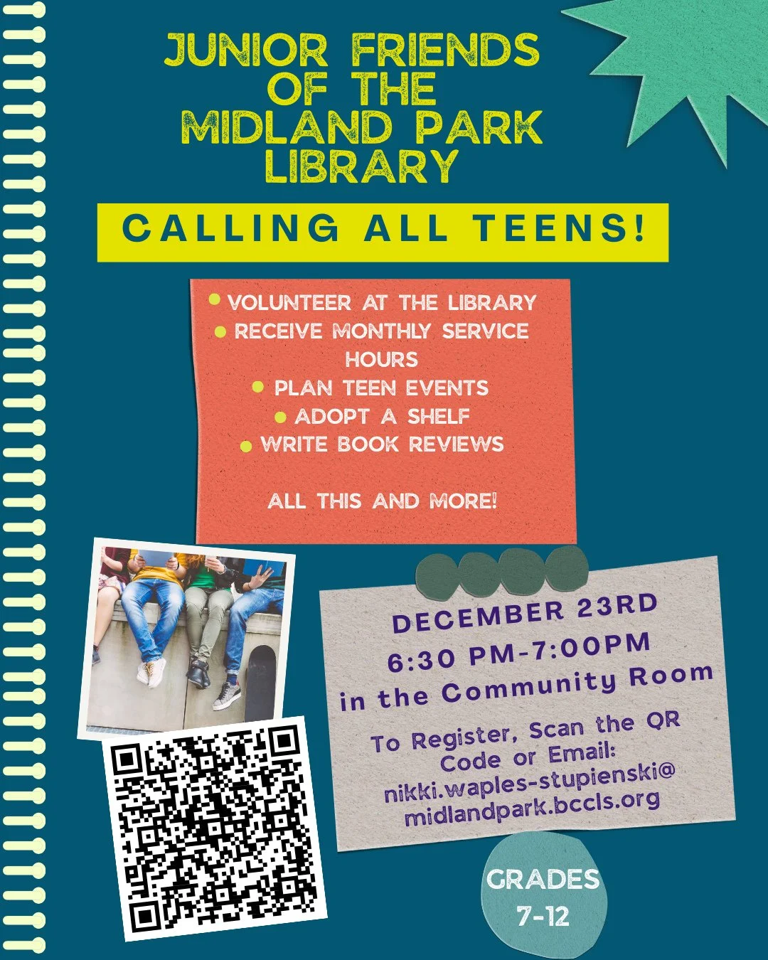 The Junior Friends of the library is having a meeting on December 23rd at 6:30 PM in the community room!! If you're interested, please scan the QR code or email Nikki to register~⁠
⁠
#teen #teenprogram #friends #libraryfriends #midlandpark #midlandpa