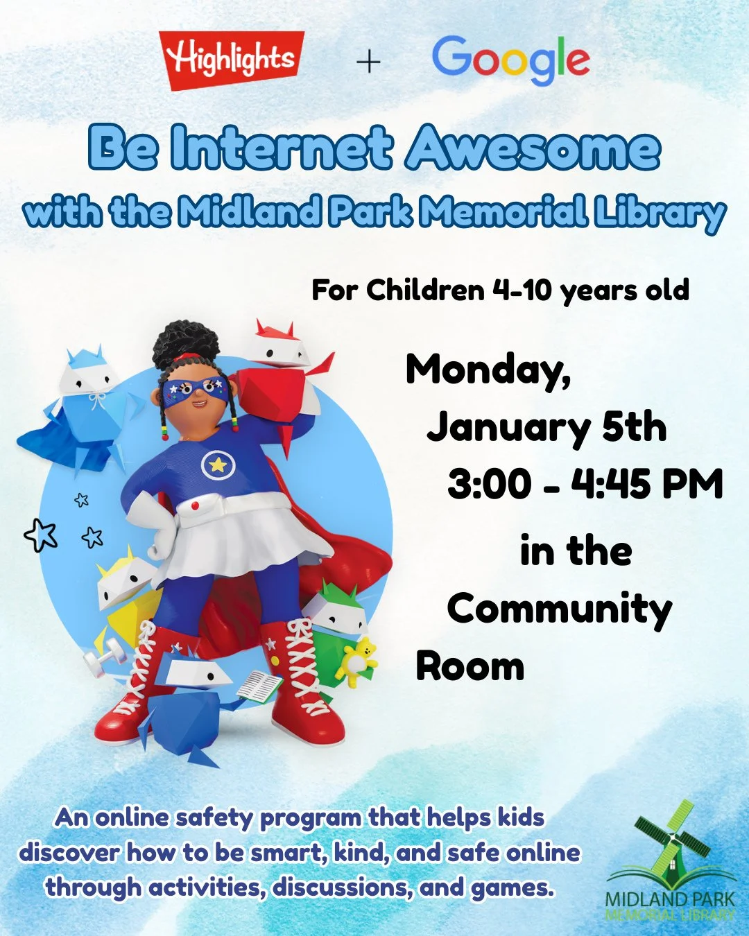 Join us on January 5th for our Be Internet Awesome program provided by Highlights and Google. Registration is not required for this program~⁠
⁠
#internet #internetawesome #beinternetawesome #google #highlights #children #childrensprogram #midland #mi