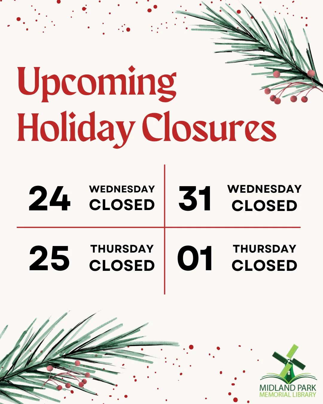 Please be aware of our Holiday Closings for the next two weeks~~ We hope everyone has a happy and safe holiday season !!⁠
⁠
#holiday #holidayclosing #holidayseason #library #libraryhours