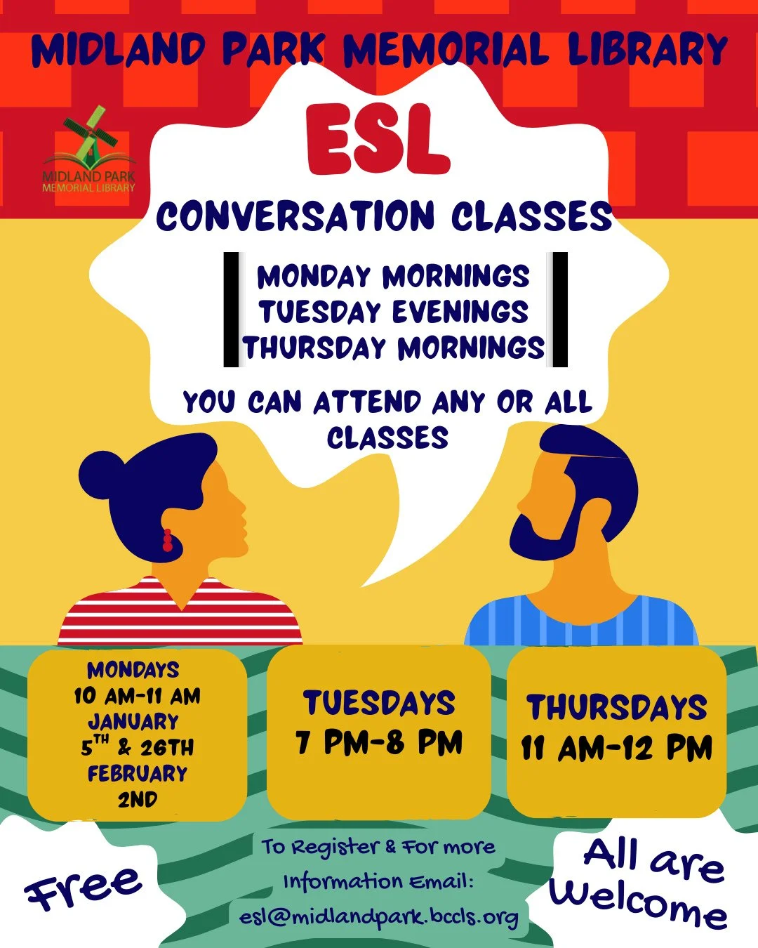 Do you want to improve your English conversational skills? We host an ESL conversation class three times a week!⁠
⁠
Registration is required, so please email or dm us for more information!! This is also an event open to everyone; you do not need to b