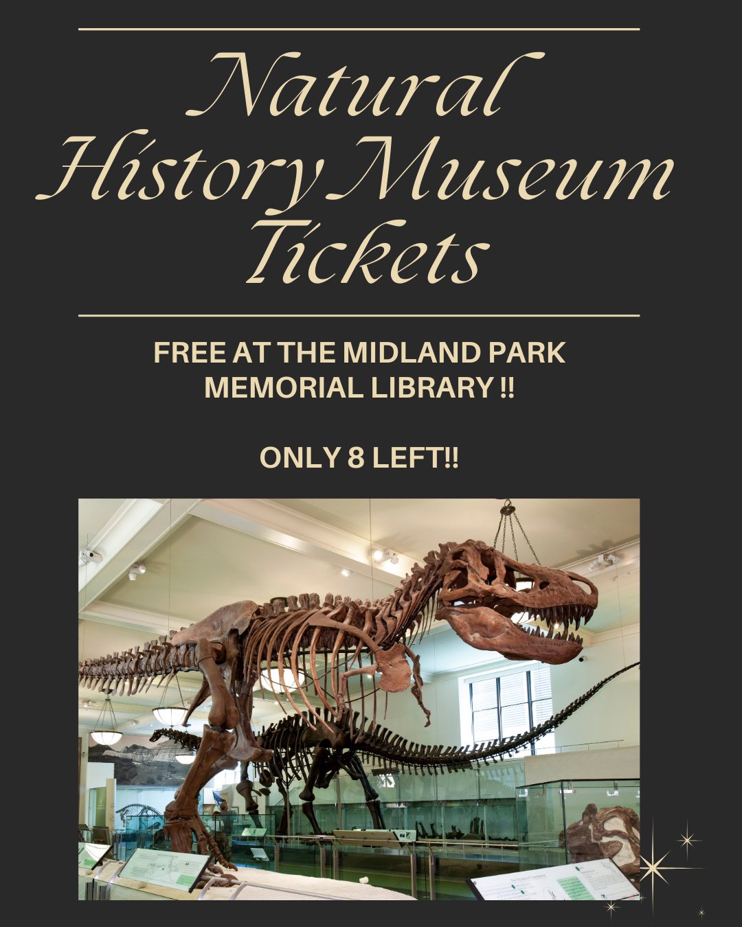 Get your tickets to the Natural History Museum in New York at the Midland Park Memorial Library!! Our tickets expire on February 15th, so be sure to plan your visit before then~ Each patron can take up to 4 tickets!!⁠
⁠
#naturalhistorymuseum #newyork