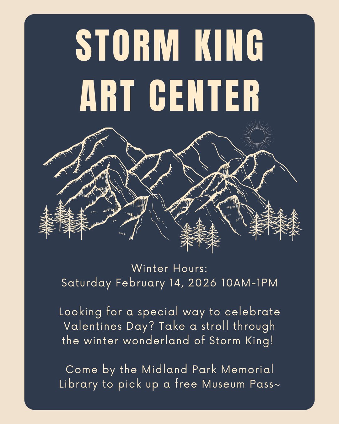 The Storm King Art Center has some special winter hours!! We, at the Midland Park Memorial Library, do have museum passes that our patrons can borrow for free, so if you'd like to visit, be sure to stop by so you can pick one up!!⁠
⁠
#museumpass #win