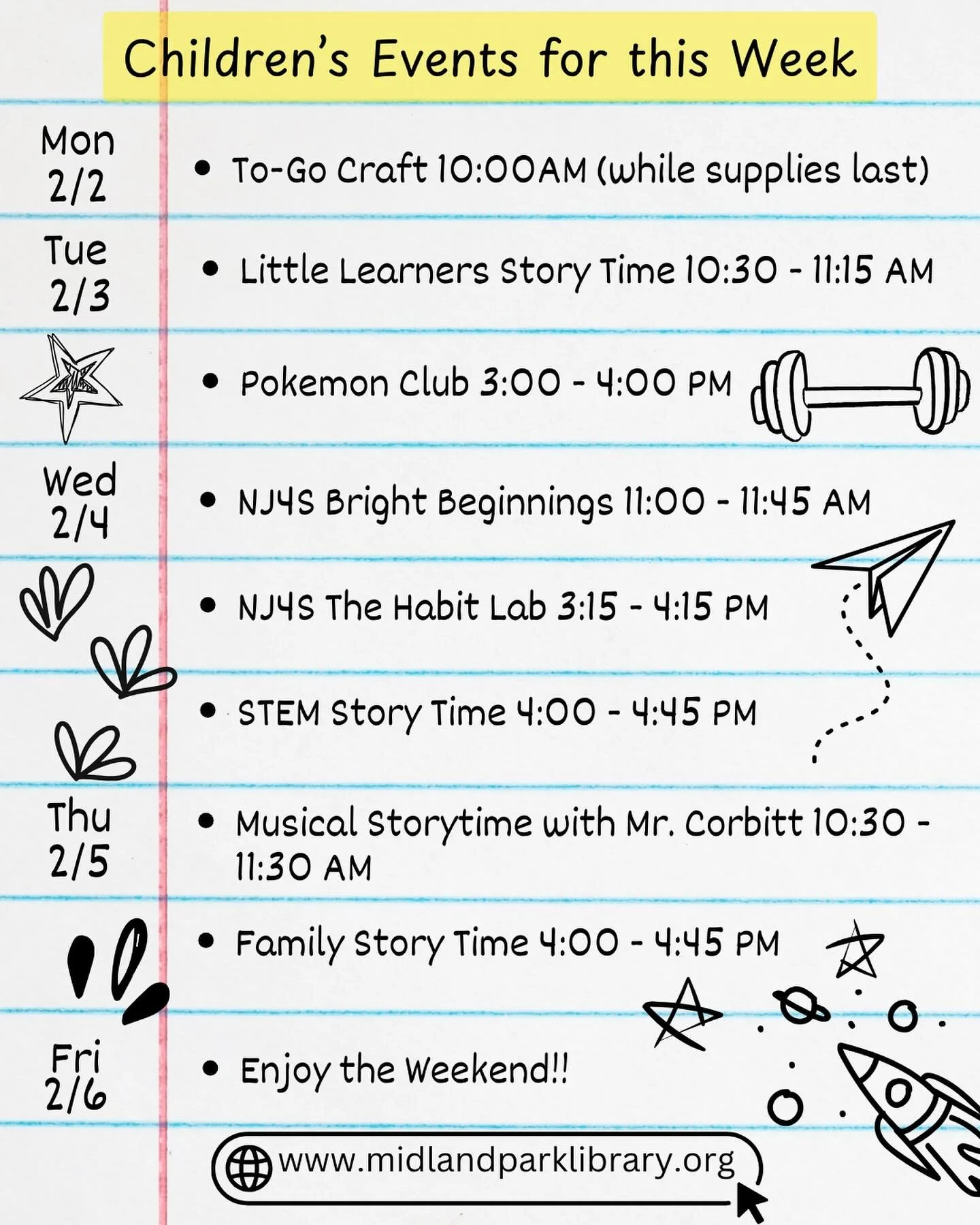 Our Children&rsquo;s Events for this week (2/2-2/6):⁠
Monday -  To Go Craft
Tuesday - Little Learner&rsquo;s Story Time &amp; Pokemon Club
Wednesday - NJ4S Bright Beginnings, NJ4S The Habit Lat &amp; STEM Story Time⁠
Thursday - Musical Storytime with