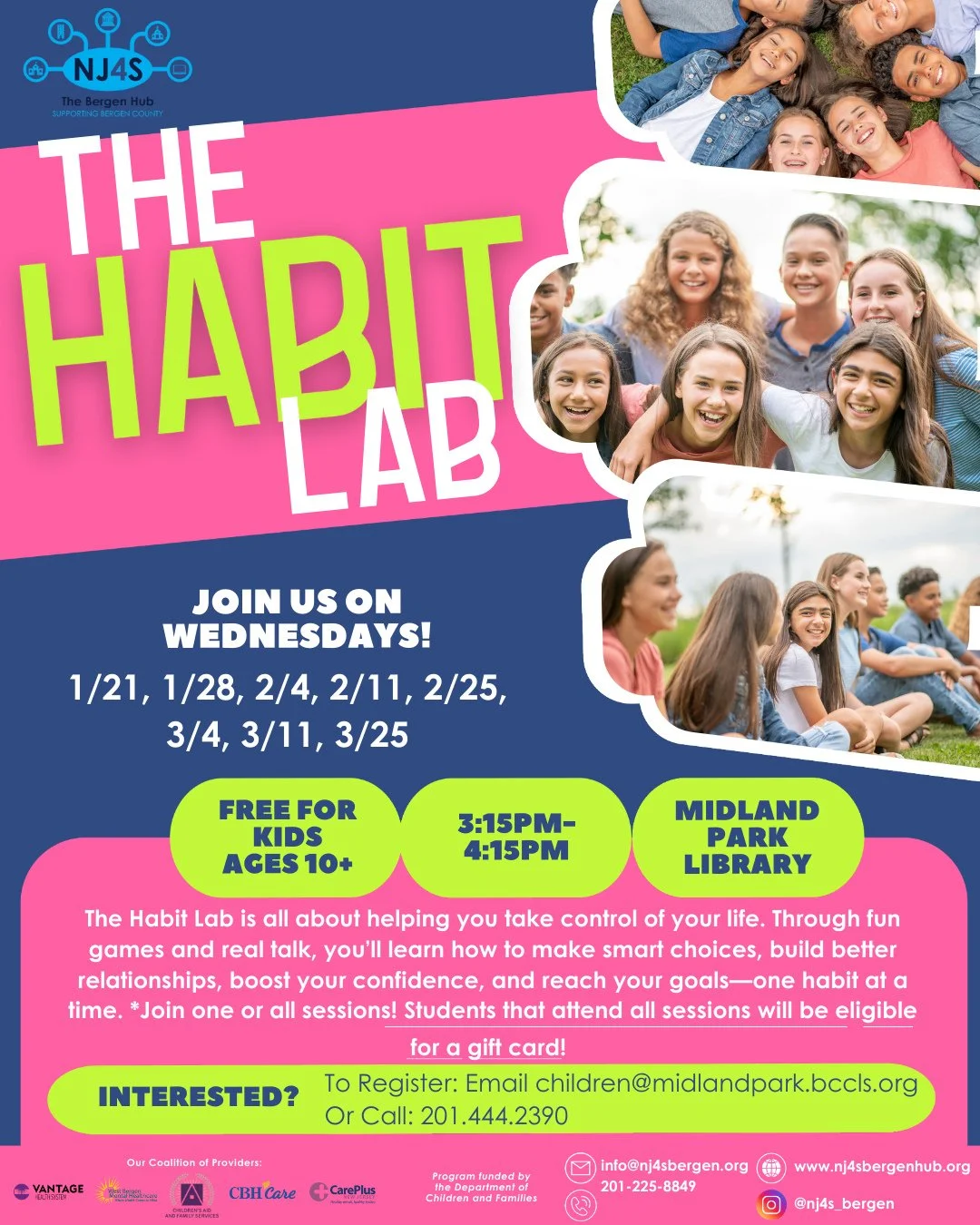 Tomorrow, in collaboration with NJ4S_Bergen, we'll be hosting The Habit Lab, a life skills workshop taught through games and talking! You must register to attend, so be sure to email, call, or dm us~ We hope to see you there!!⁠
⁠
#habit #healthyhabit