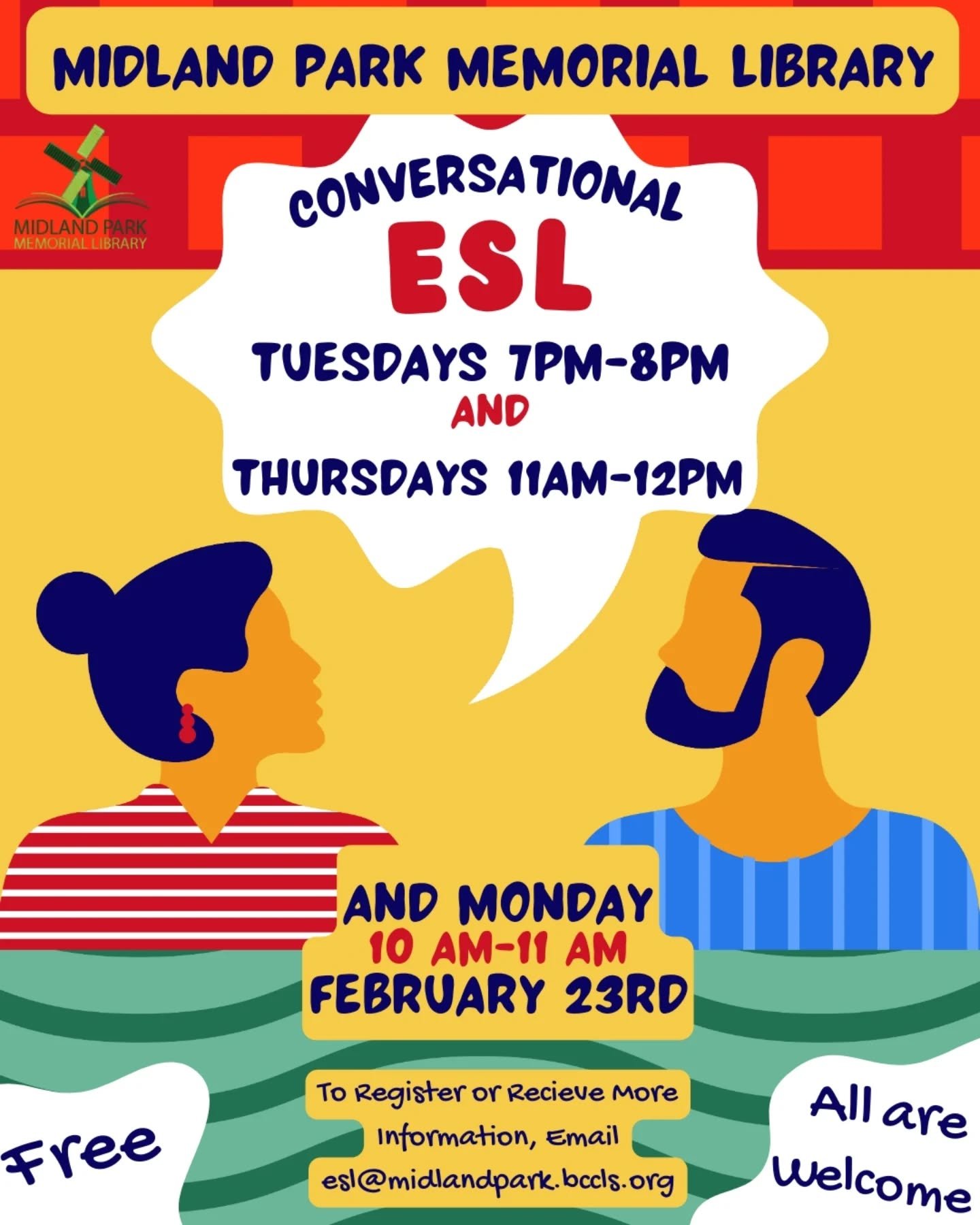 An update to our ESL Conversational Class!! We meet Tuesday nights and Thursday mornings, as well as Monday, February 23rd, at 10AM-11AM
⁠
This event is open to everyone; you do not need to be a Midland Park resident to attend. Please email (esl@midl