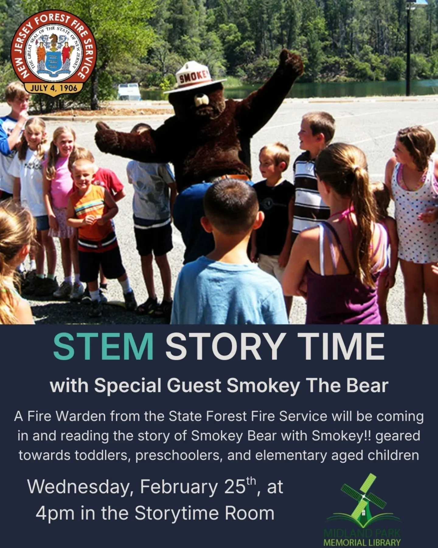Join us next Wednesday at Stem Storytime with Special Guests Smokey the Bear and a Fire Warden from the State Forest Fire Service !!!

#stateforest #forestfire #smokeythebear #guestreader #storytime