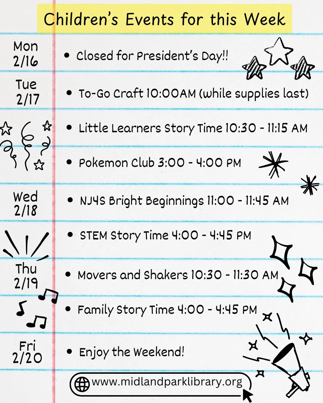 Our Children's Events for this week (2/16-2/20):⁠
Monday - Closed for President's Day⁠
Tuesday - To Go Craft, Little Learner's Story Time &amp; Pokemon Club⁠
Wednesday - NJ4S Bright Beginnings &amp; STEM Story Time⁠
Thursday - Movers &amp; Shakers, F