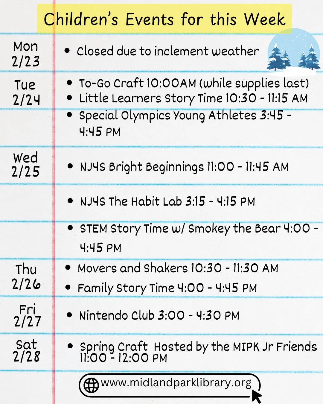 Our Children's Events for this week (2/23-2/28):⁠
Monday - Closed due to inclement weather - stay safe!⁠
Tuesday - To-Go Craft, Little Learner's Story Time &amp; Special Olympics Young Athletes⁠
Wednesday - NJ4S Bright Beginnings, Habit Lab &amp; STE