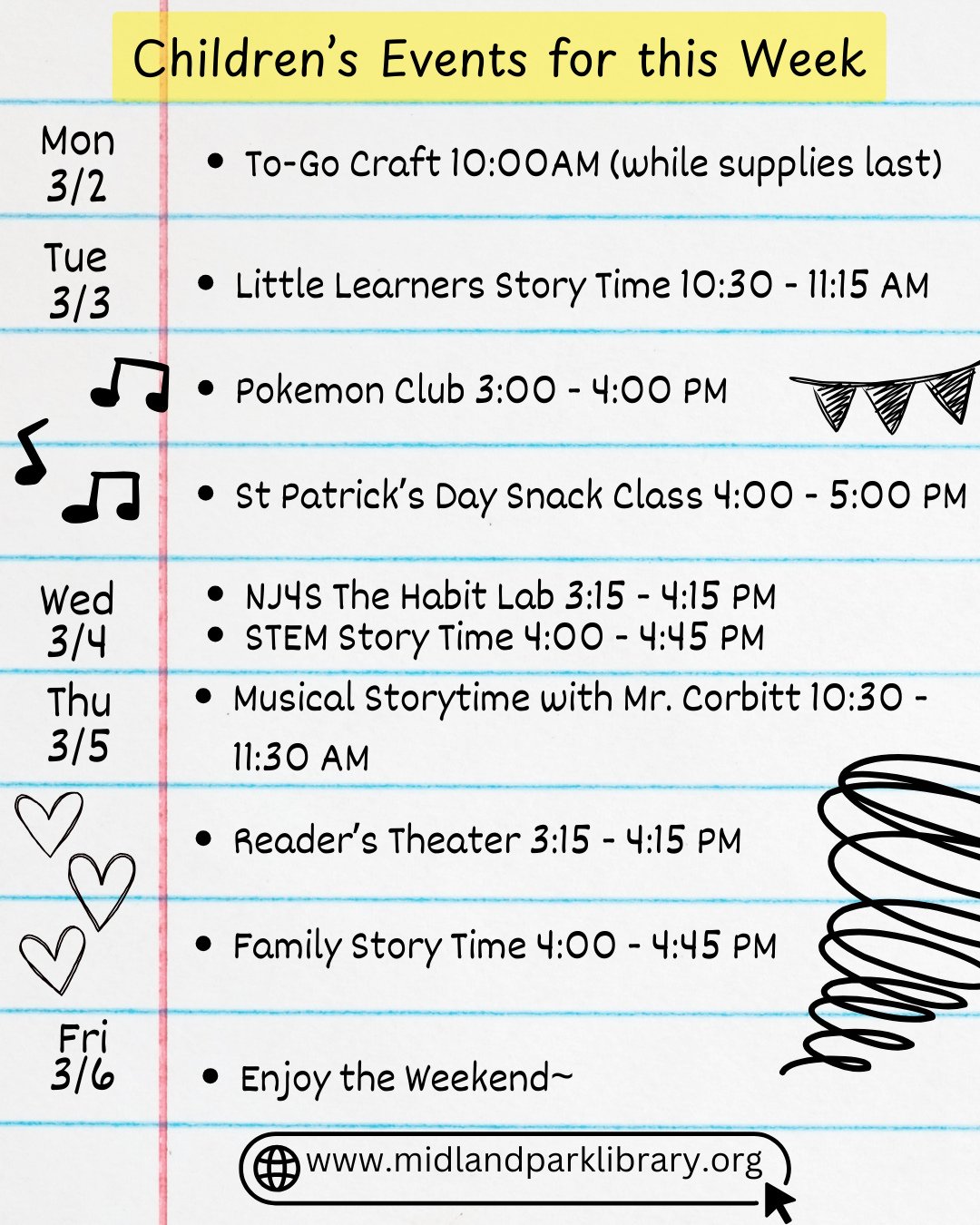 Our Children's Events for this week (3/2-3/6):⁠
Monday - To Go Craft⁠
Tuesday - Little Learner's Story Time, Pokemon Club &amp; St Patrick's Day Snack Class⁠
Wednesday - NJ4S Habit Lab &amp; STEM Story Time⁠
Thursday - Musical Storytime with Mr. Corb
