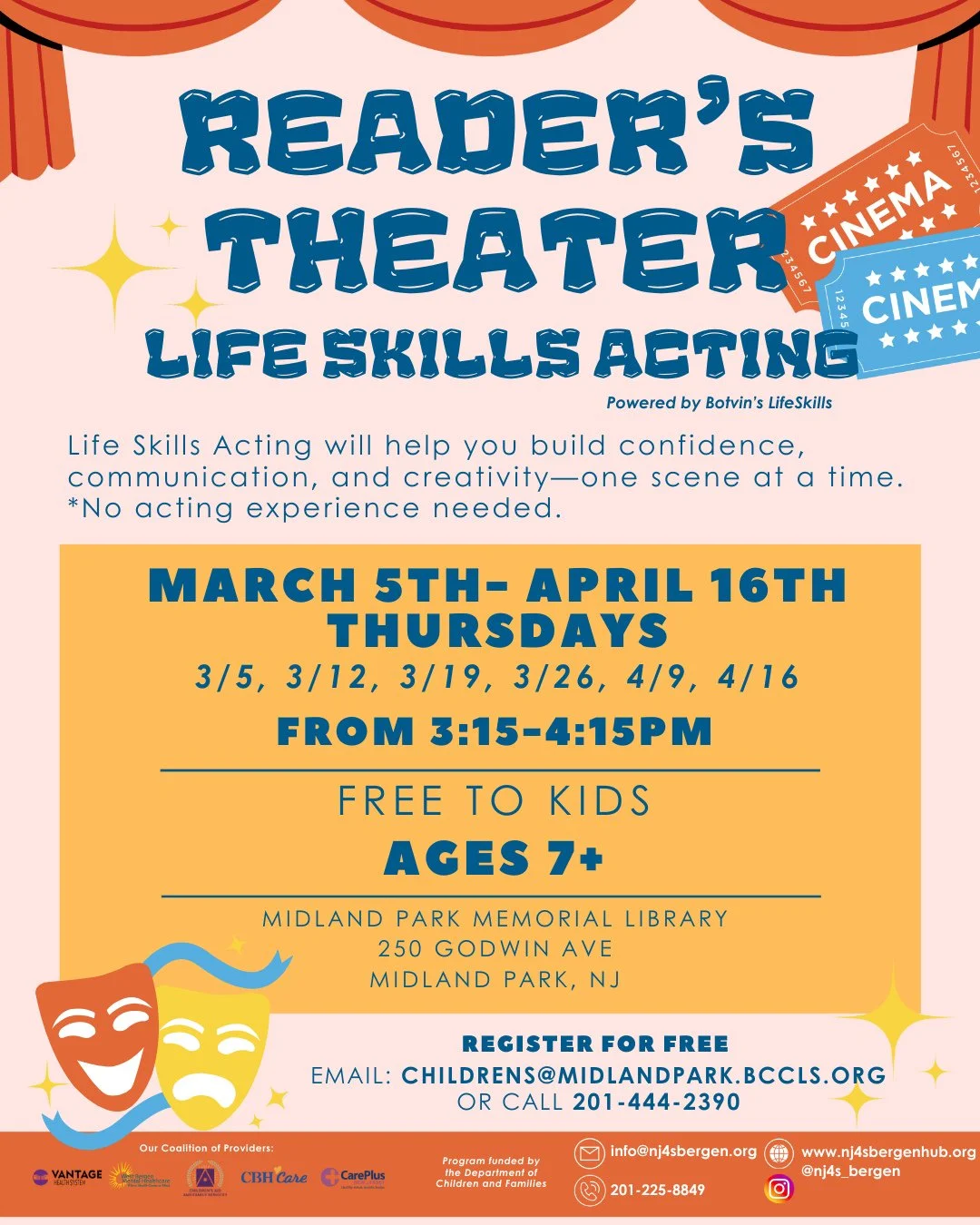 Join us tomorrow for a collaborative program with @NJ4S_bergen!!⁠
⁠
Reader's Theater is a life skills acting course for children ages 7+ to help them build their confidence, creativity, and communication skills! You will need to register for this pro
