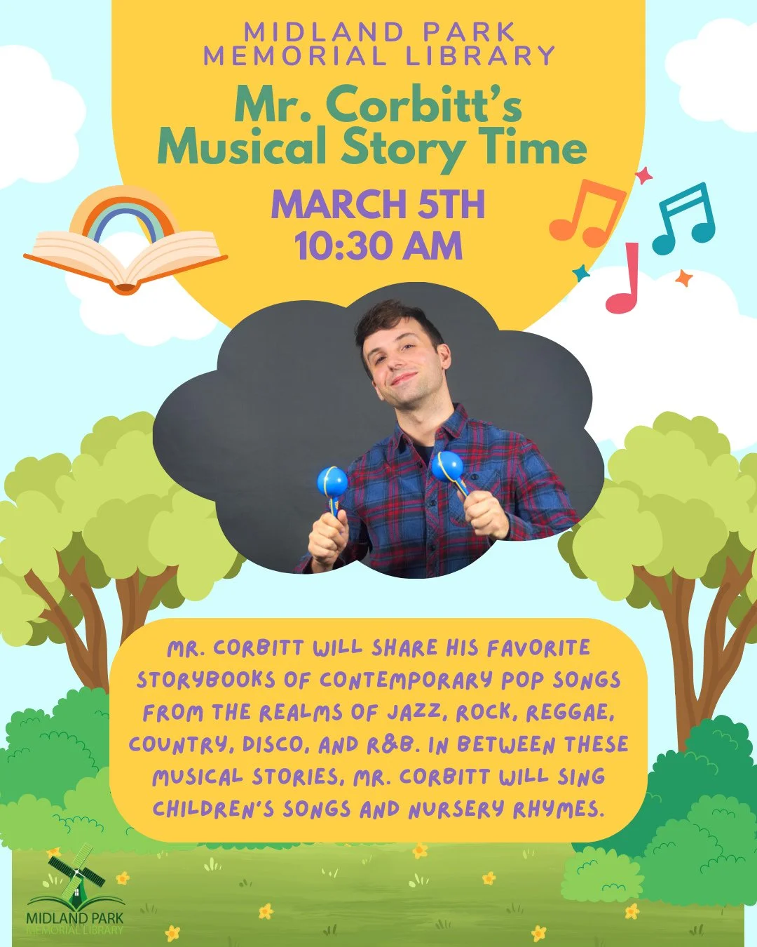 Tomorrow morning, Mr. Corbitt will be visiting to host a musical storytime !! We hope to see you all there~~⁠
⁠
#storytime #musical #musicalstory #toddlerfun #libraryevent