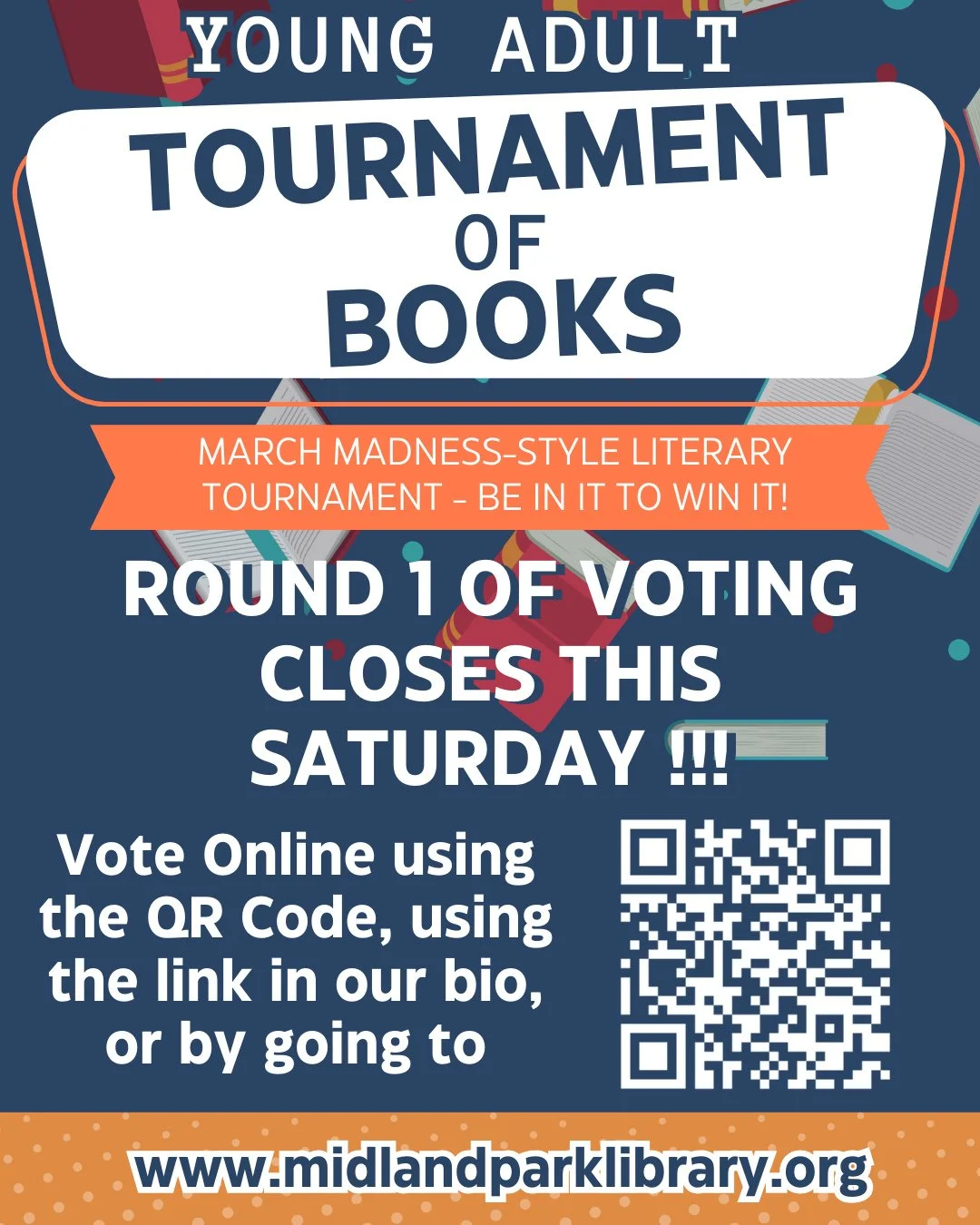 We at the Midland Park Memorial Library are hosting a March Madness-style literary competition with YA Books!! Round 1 of Voting closes TOMORROW !!!! Don't forget to give us your picks~~⁠
⁠
https://forms.gle/2b4RM7uJm2whGyQ2A⁠
⁠
#tournament #voting #