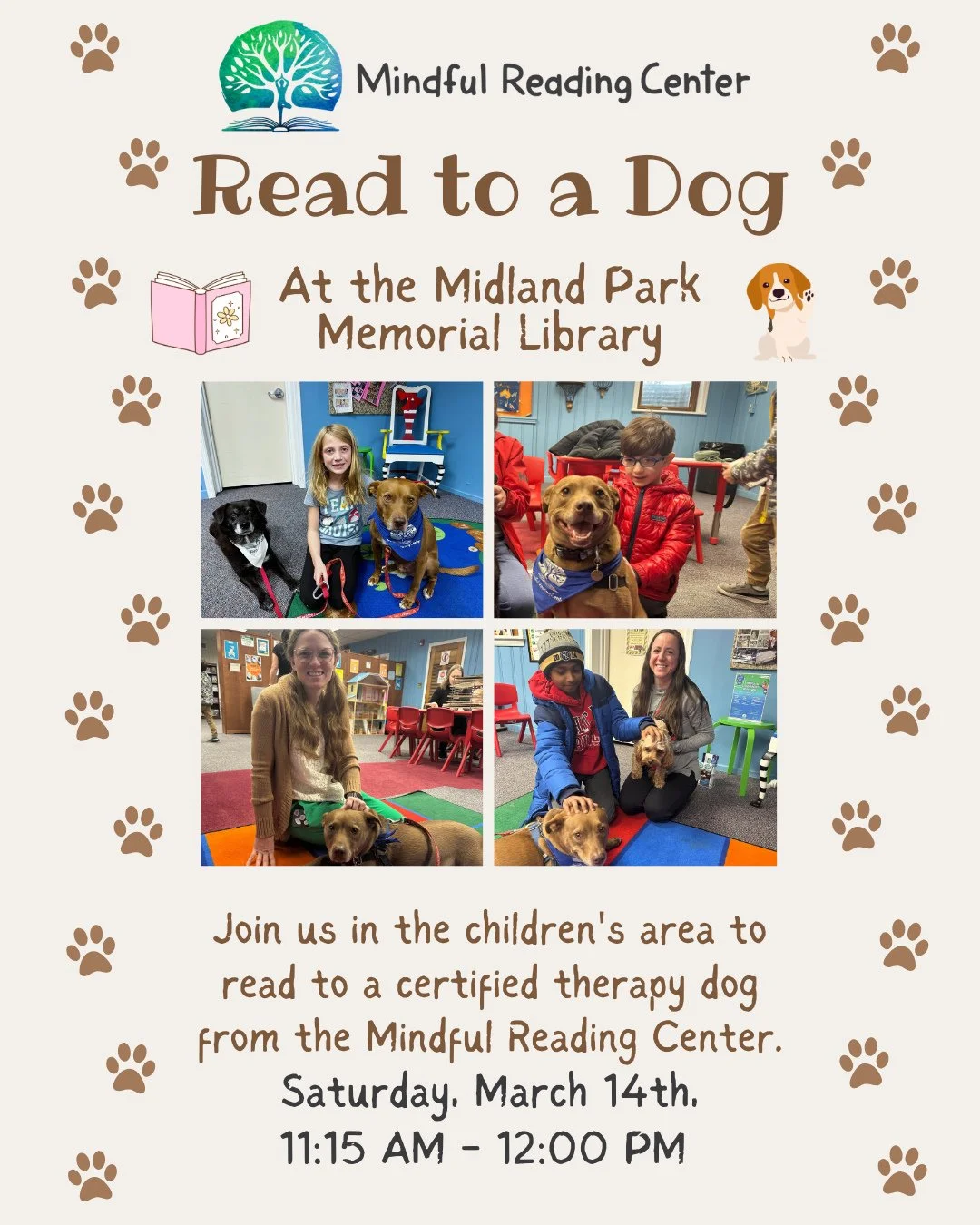 Calling all dog lovers! 🐶 🦴 Next week, the Midland Park Library will be hosting Read to a Dog with The Mindful Reading Center, who will bring one of their certified therapy dogs. Feel free to call the library if you have any questions!!⁠
⁠
#therapy