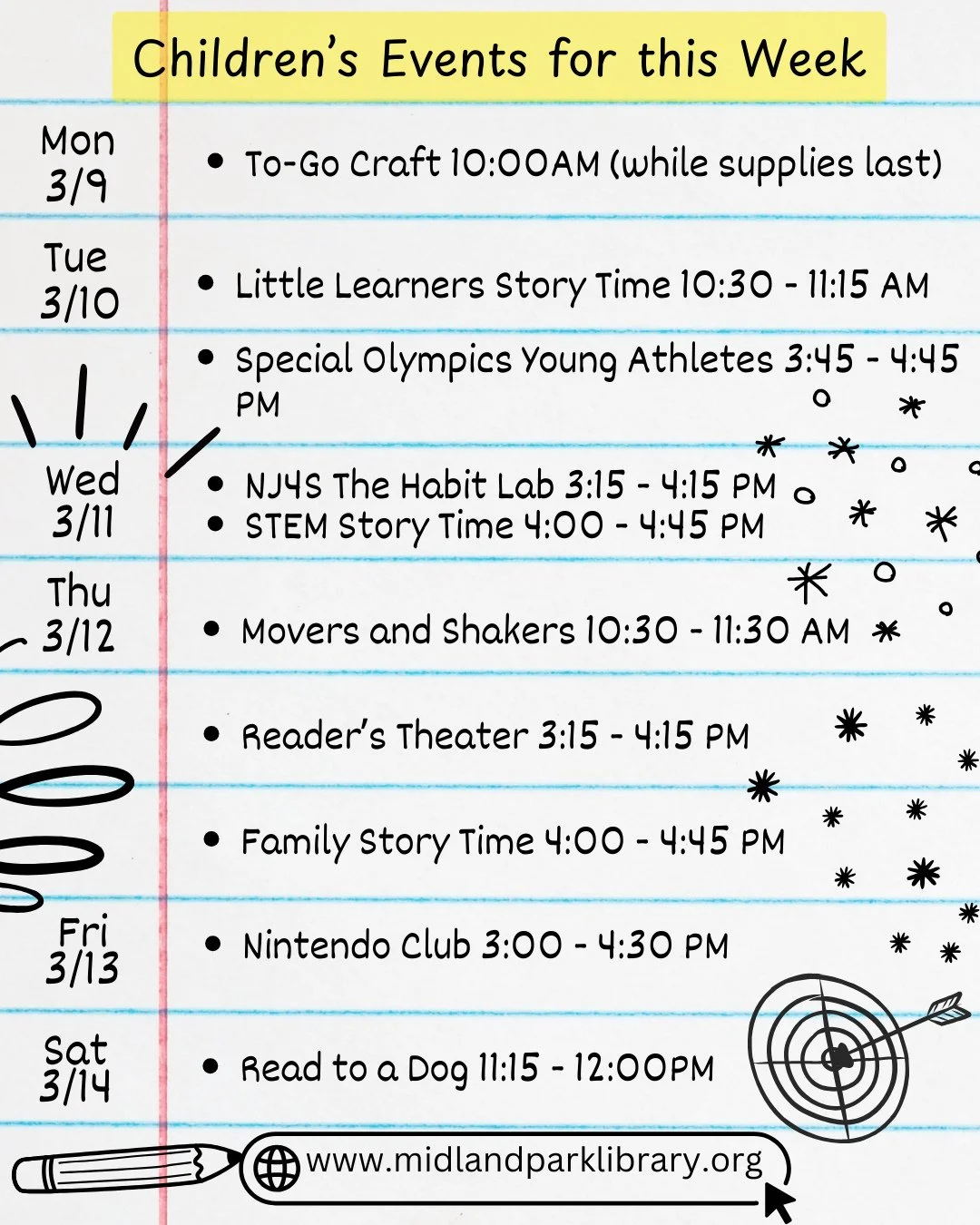 Our Children's Events for this week (3/9-3/14):⁠
Monday - To Go Craft⁠
Tuesday - Little Learner's Story Time, Special Olympics Young Athletes⁠
Wednesday - NJ4S Habit Lab &amp; STEM Story Time⁠
Thursday - Movers and Shakers, Reader's Theater &amp; Fam